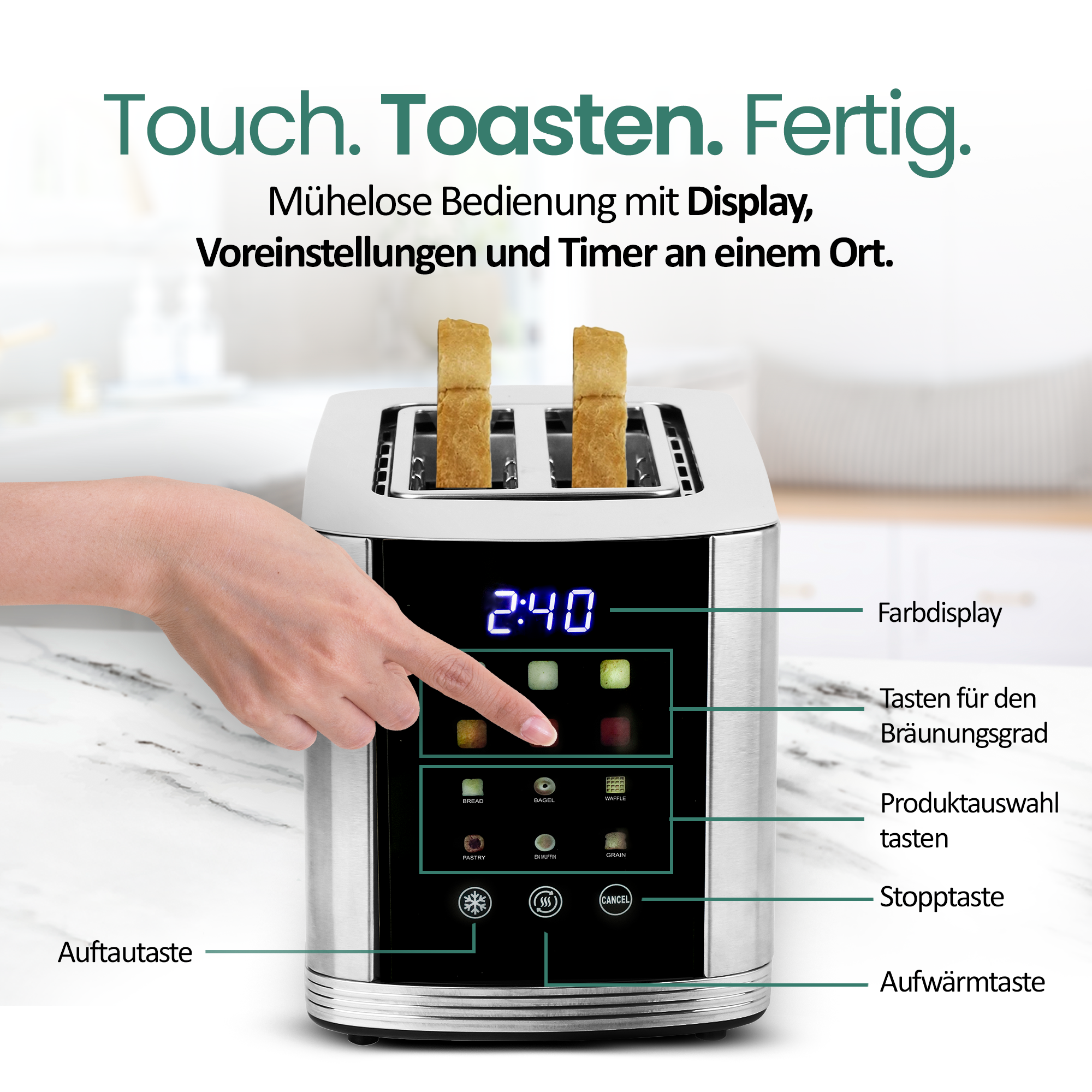 Ein silberner Toaster mit zwei Toastscheiben, Finger drückt auf Bedienfeld.