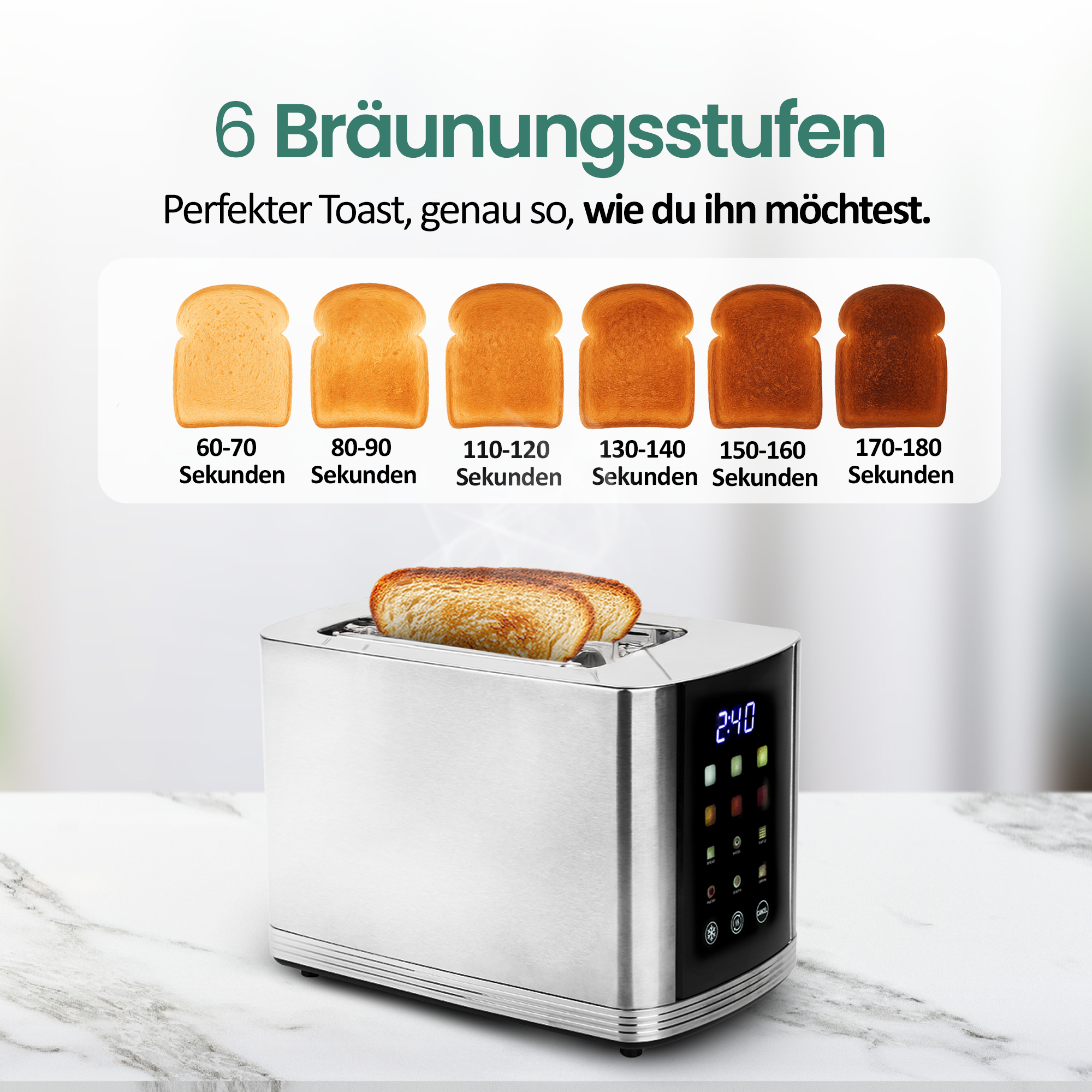 Ein Toaster mit sechs Bräunungsstufen und Toastbroten, die von hell bis dunkel reichen.