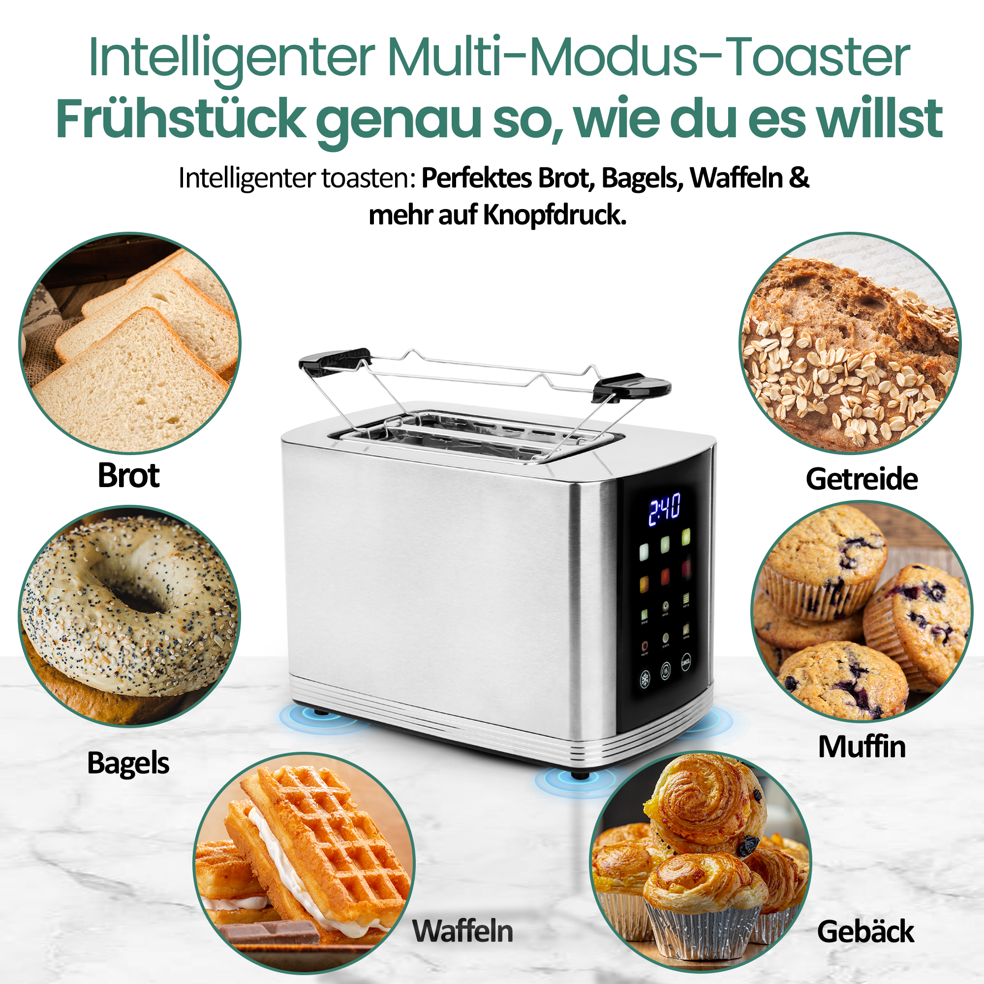 Moderner Toaster mit Toast, Bagels, Waffeln, Muffin, Gebäck und Brot.