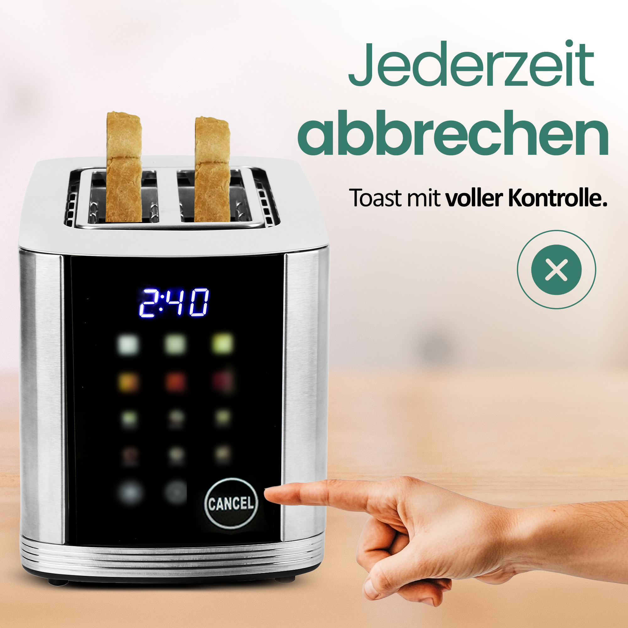 Silberner Toaster mit zwei Toastbrotscheiben, digitale Anzeige 2:40.