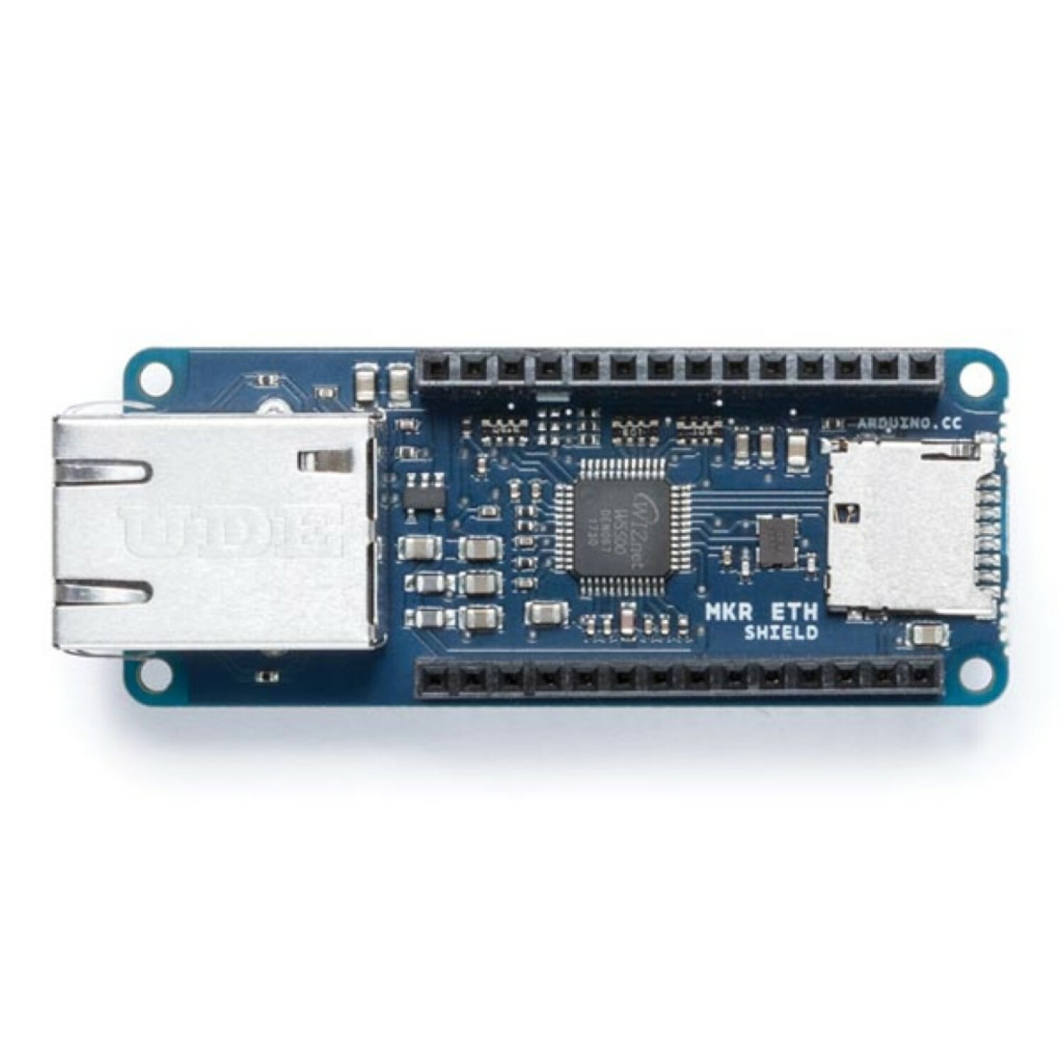 Ein blaues Arduino MKR ETH Shield mit Ethernet-Port und SD-Kartensteckplatz.