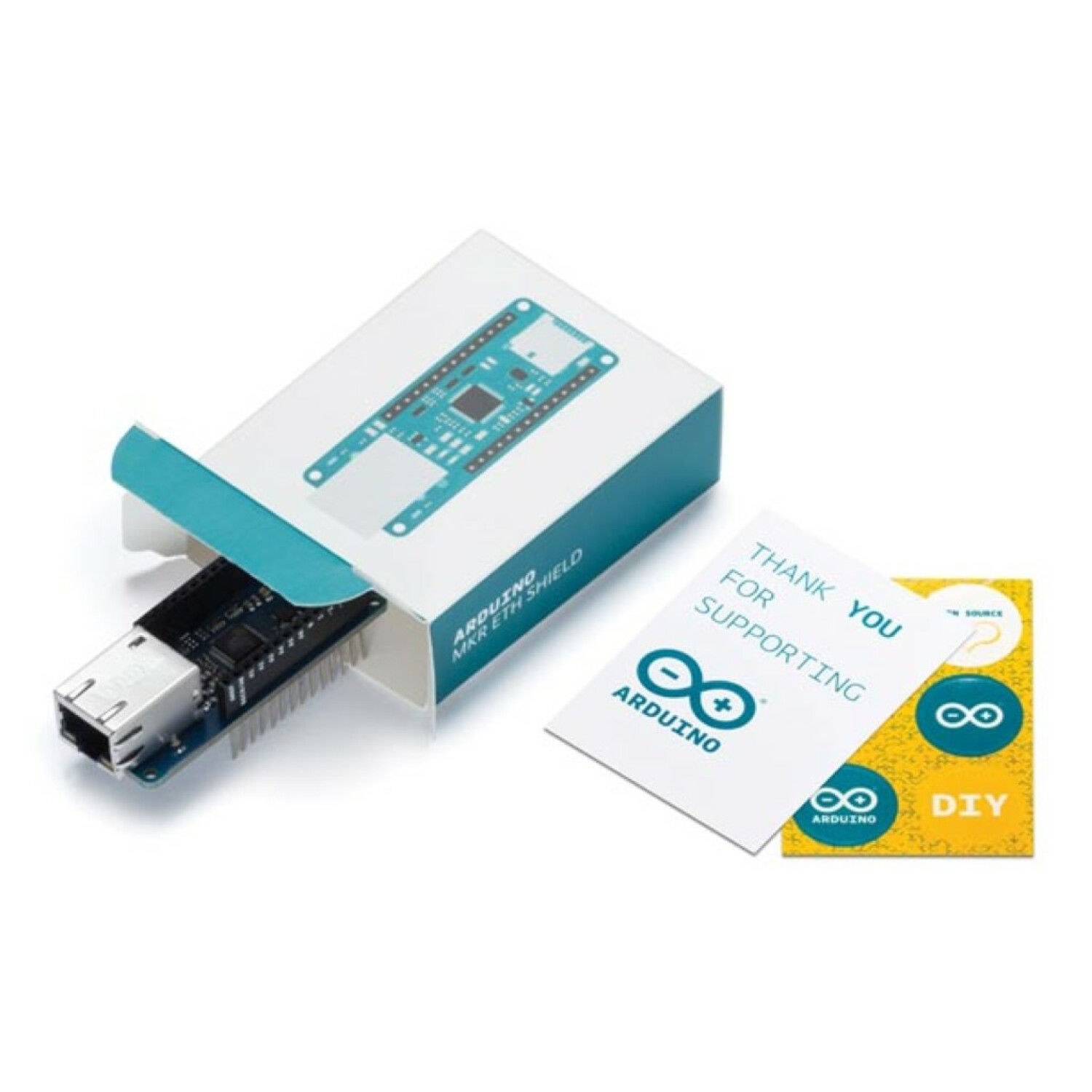 Ein Arduino MKR ETH Shield mit Ethernet-Anschluss in einer offenen Box und zwei Karten daneben.