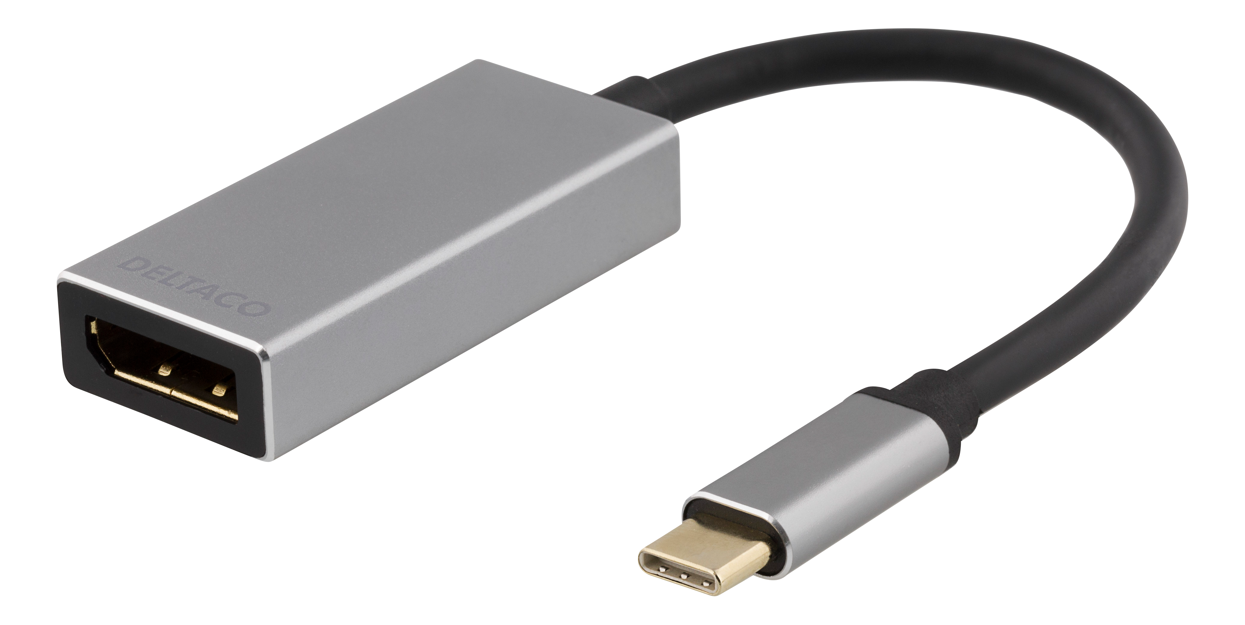 Ein silberner DELTACO DisplayPort zu USB-C Adapterkabel auf schwarzem Hintergrund.