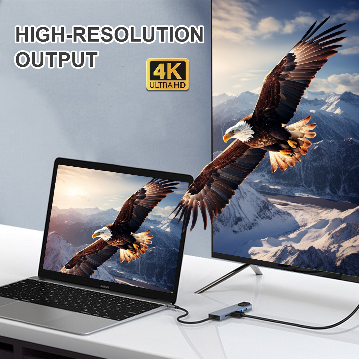 Ein Laptop und ein großer Bildschirm zeigen einen Adler vor einer Berglandschaft.