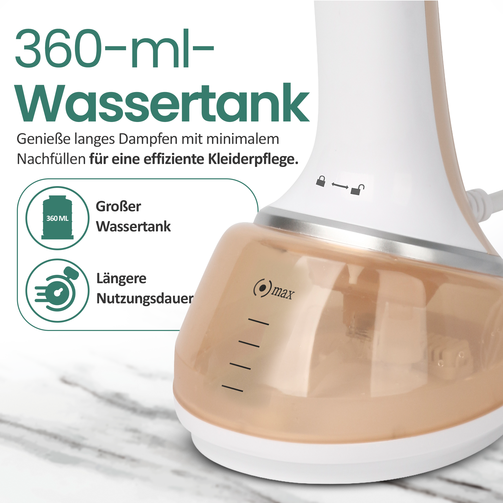 Ein Dampfbügeleisen mit einem 360-ml-Wassertank und Markierungen für die Füllstandsanzeige.