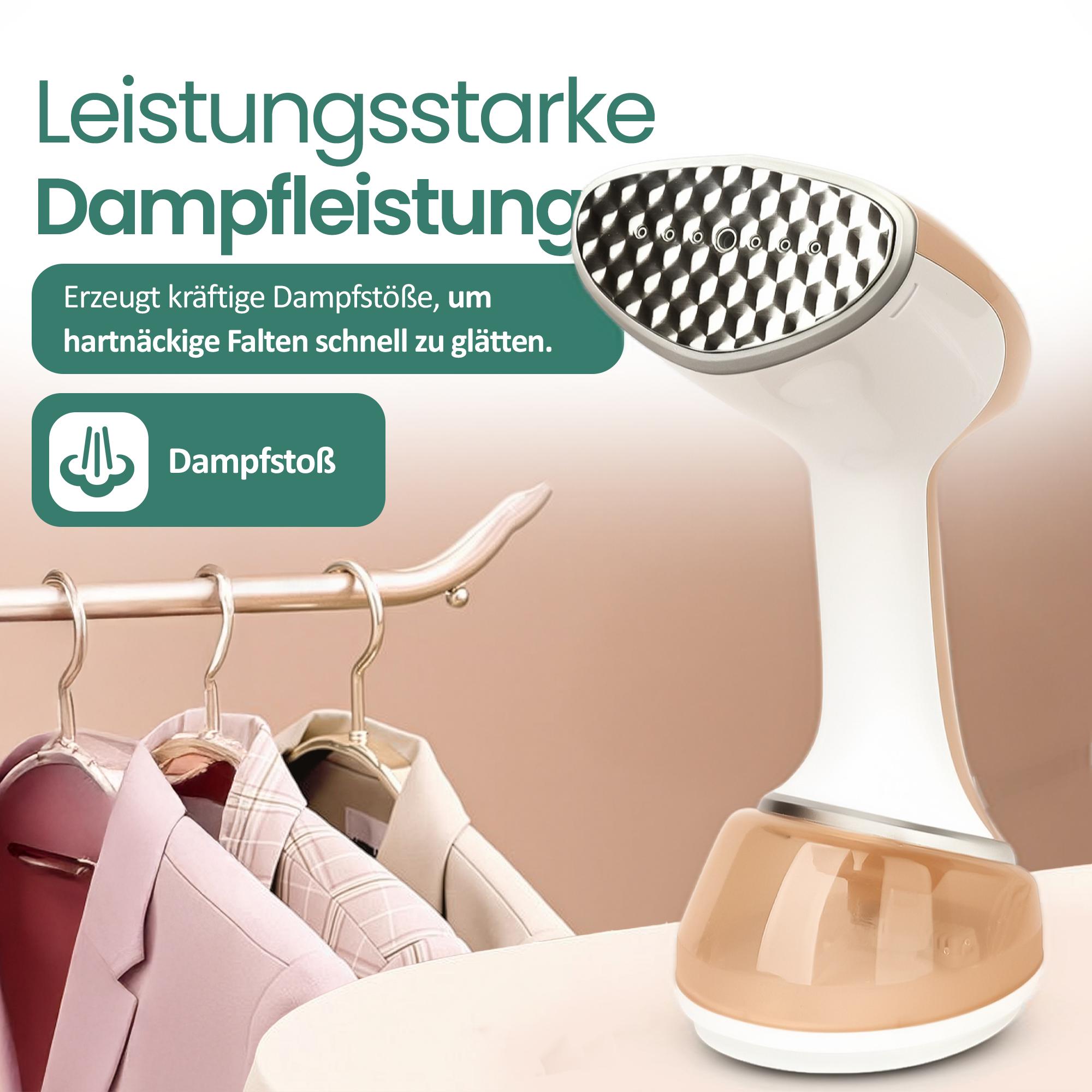 Ein Handdampfbügeleisen mit beige-weißer Farbe neben Kleidung auf Bügeln.