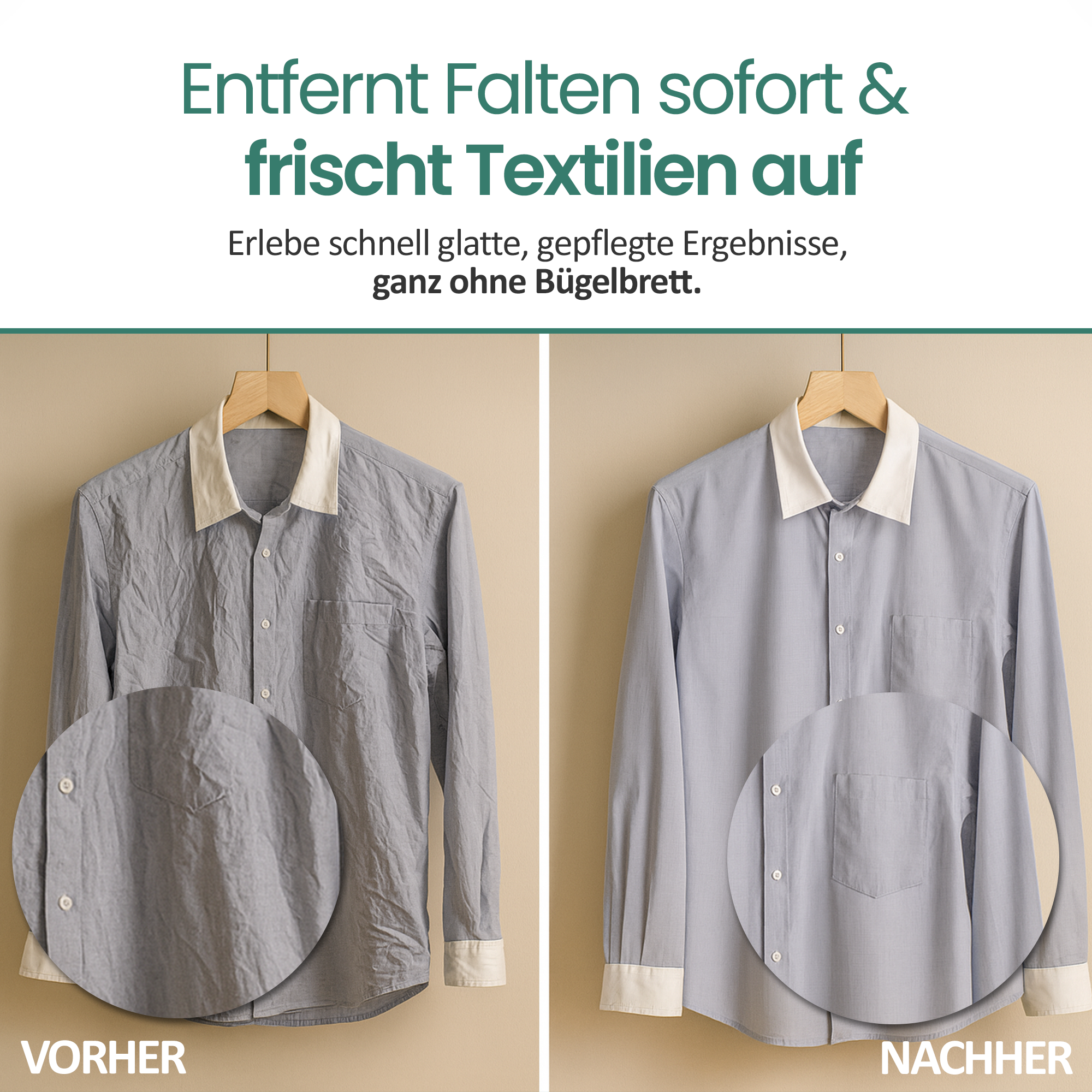 Vorher/Nachher-Vergleich eines grauen Hemdes, das Falten zeigt und glatt ist.