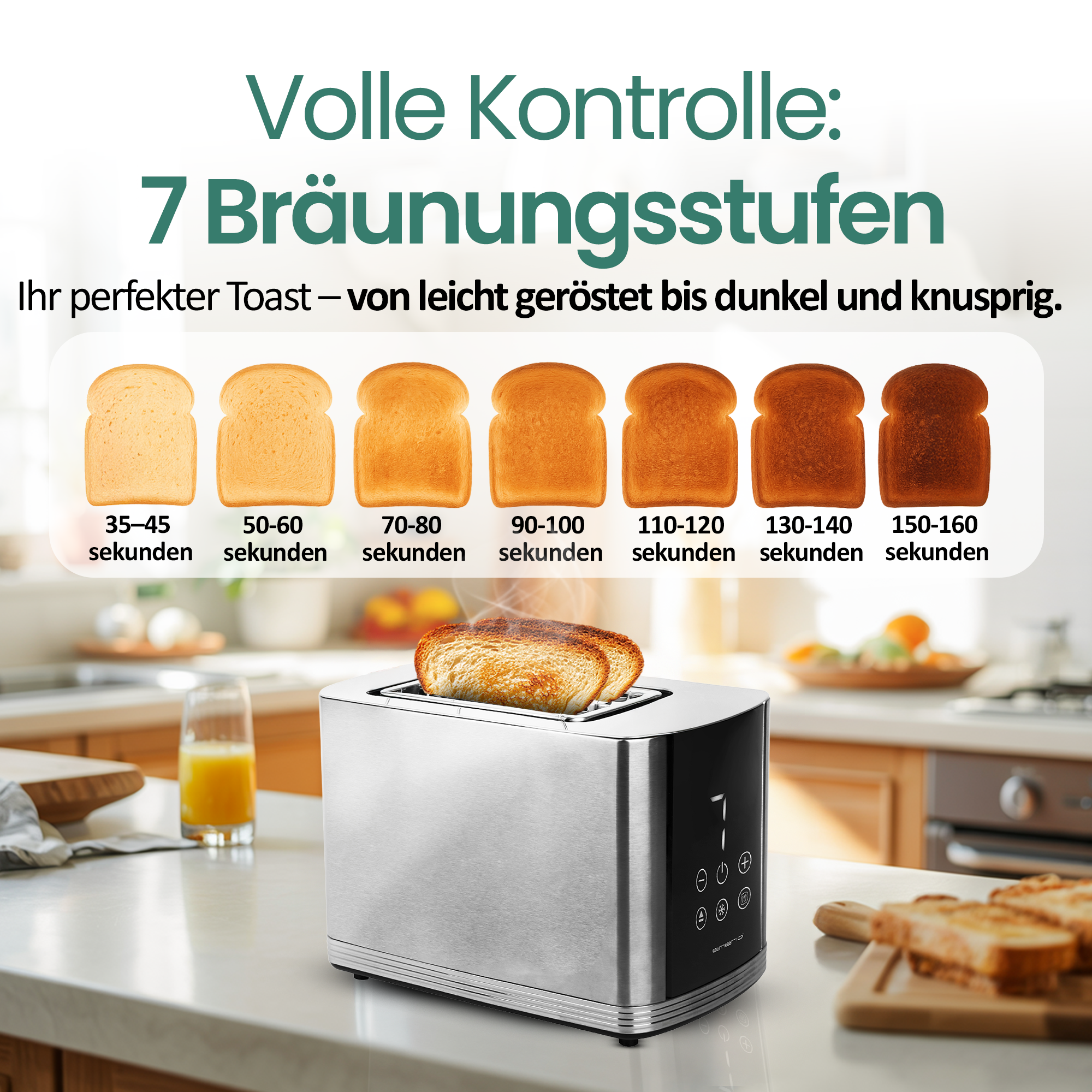 Ein Toaster mit 7 Bräunungsstufen und Toastscheiben. Angezeigt werden verschiedene Bräunungsgrade.