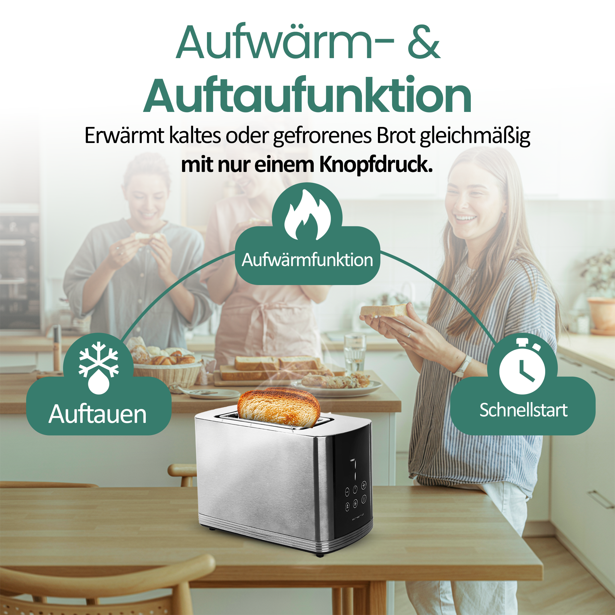 Edelstahltoaster mit drei Funktionen: Auftauen, Aufwärmen und Schnellstart.