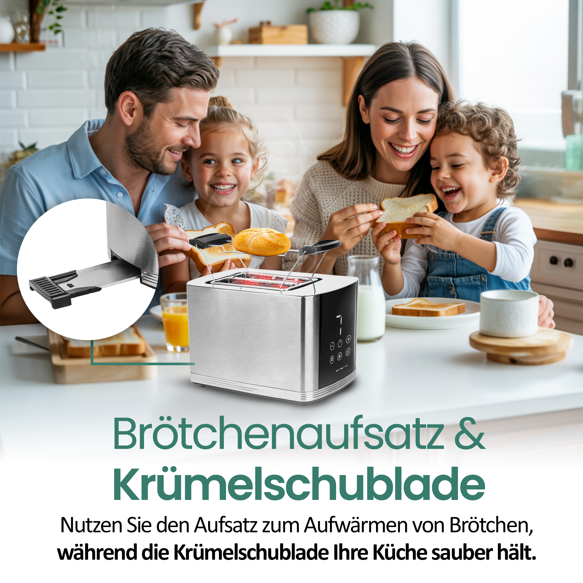 Familie frühstückt mit Toaster, Brötchenaufsatz und Krümelschublade.
