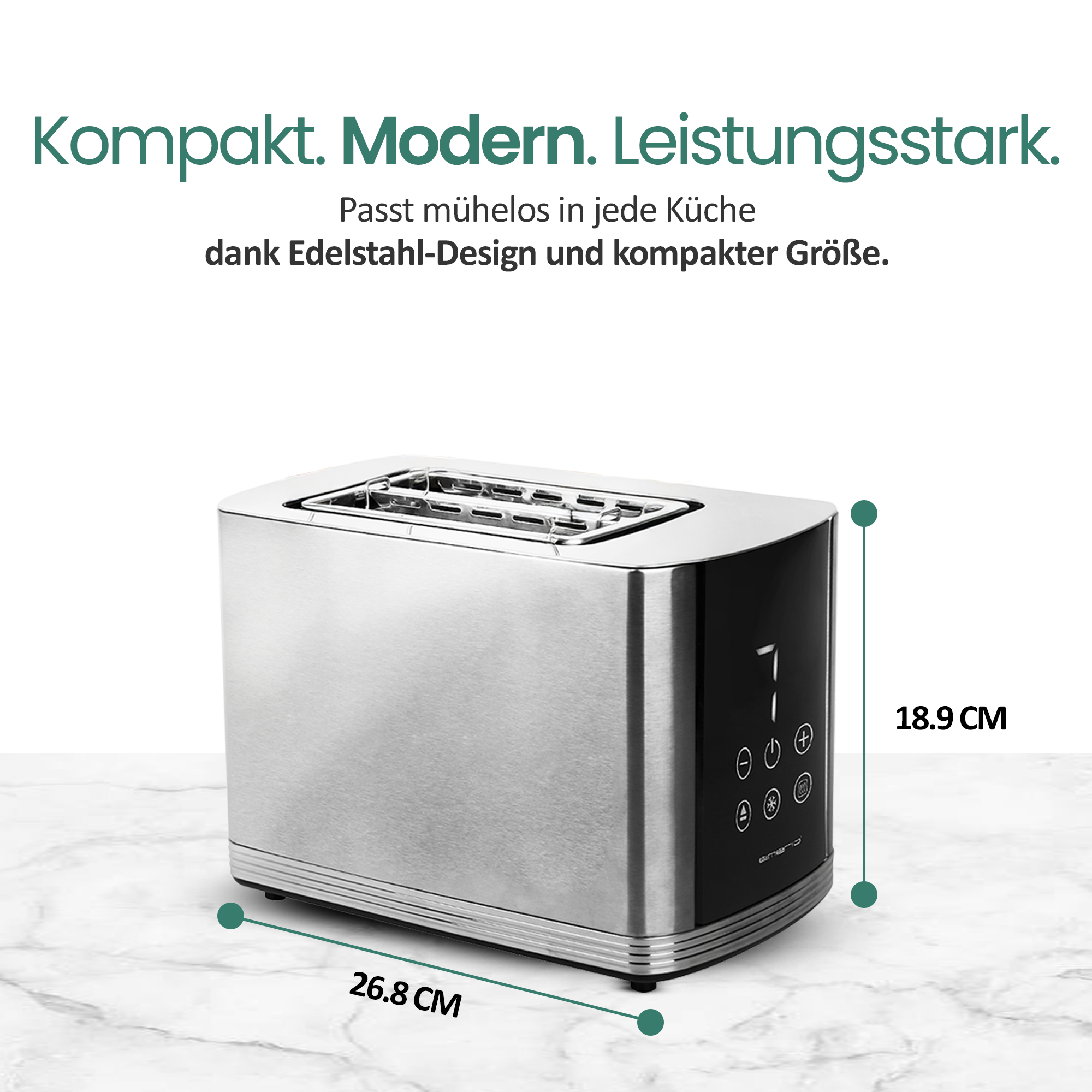 Ein moderner silberner Toaster mit digitaler Steuerung und Maßen.