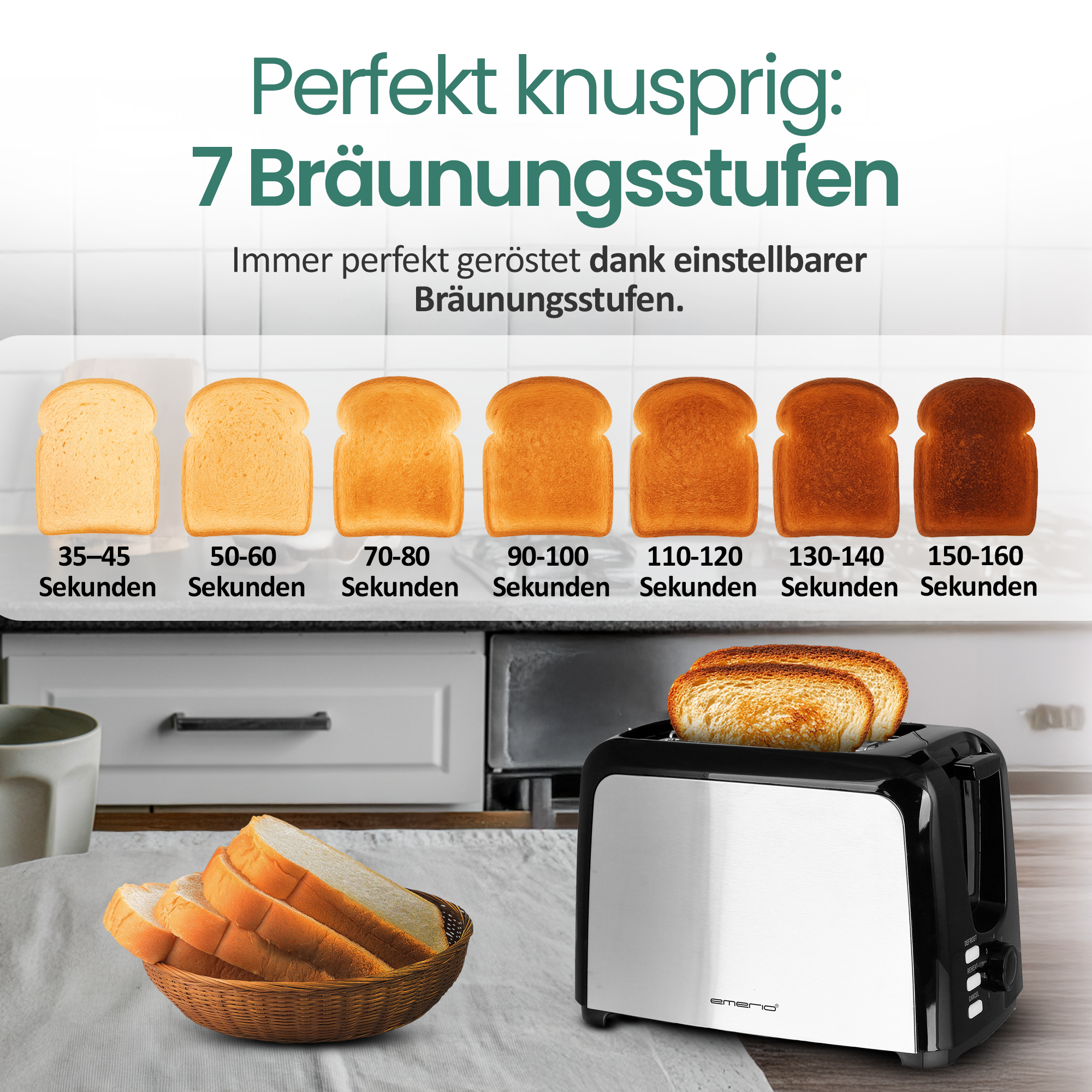 Ein Toaster mit sieben Bräunungsstufen und verschiedenen Toastbroten.
