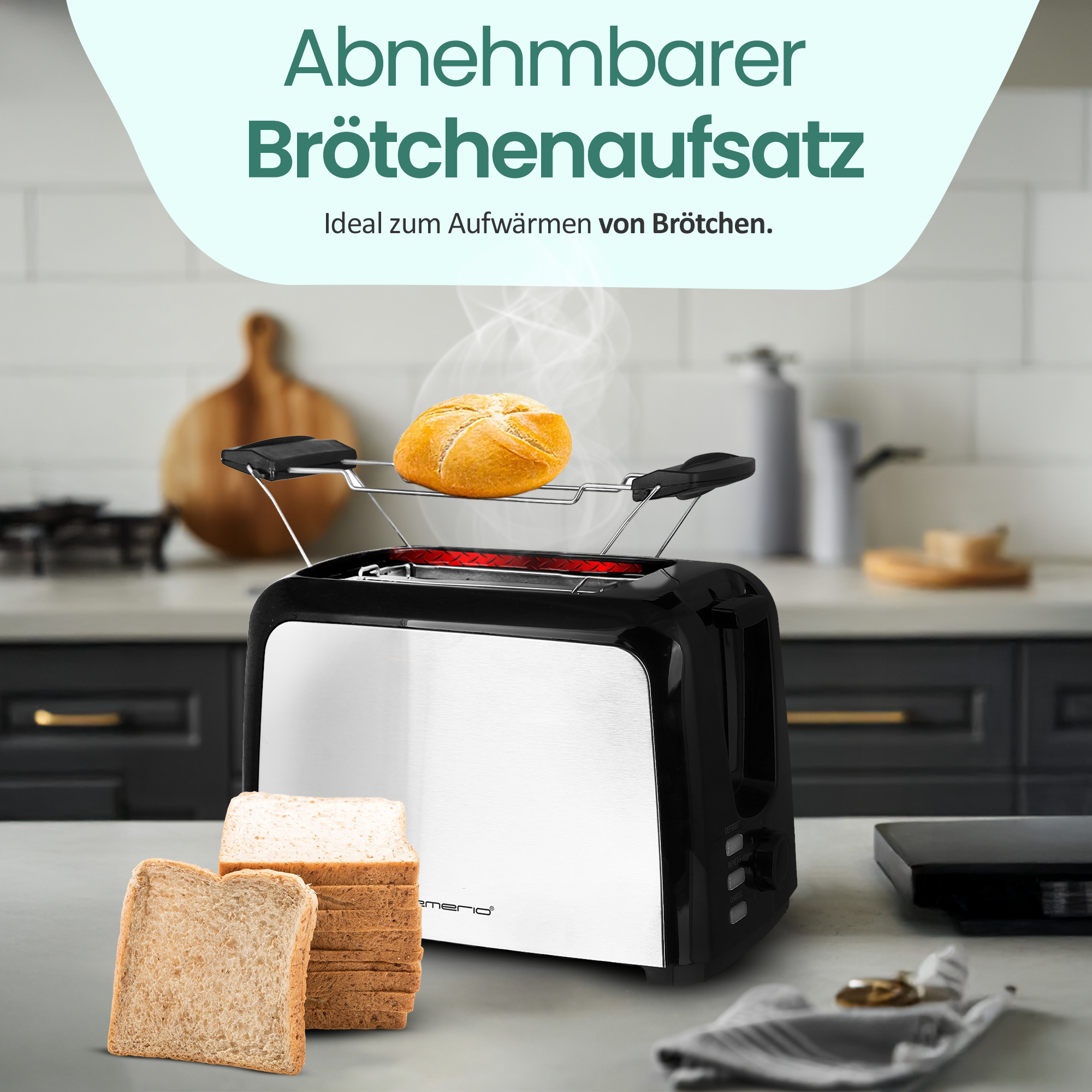 Ein Toaster mit einem Brötchenaufsatz und Dampf.