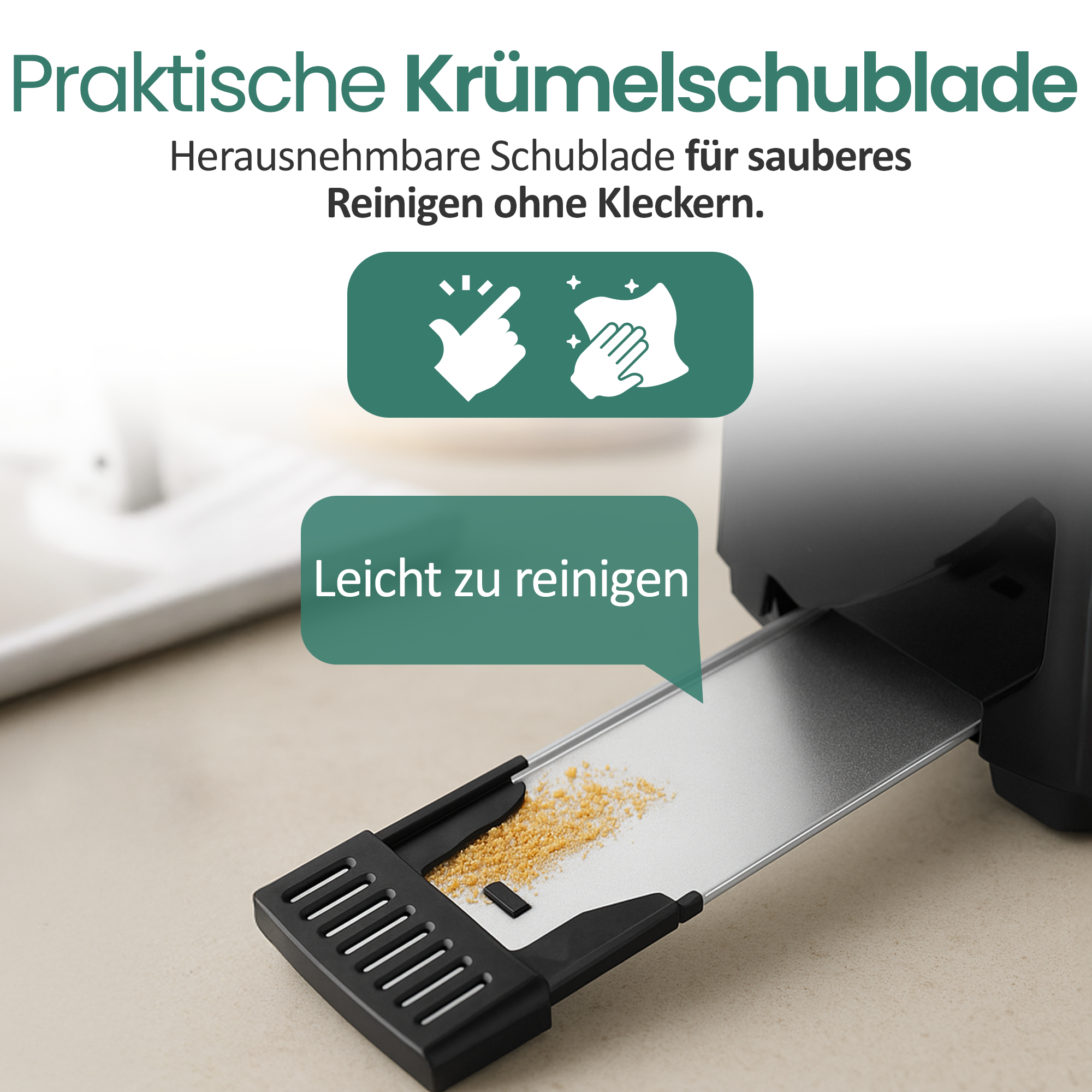 Krümelschublade mit Krümeln, leicht zu reinigen.