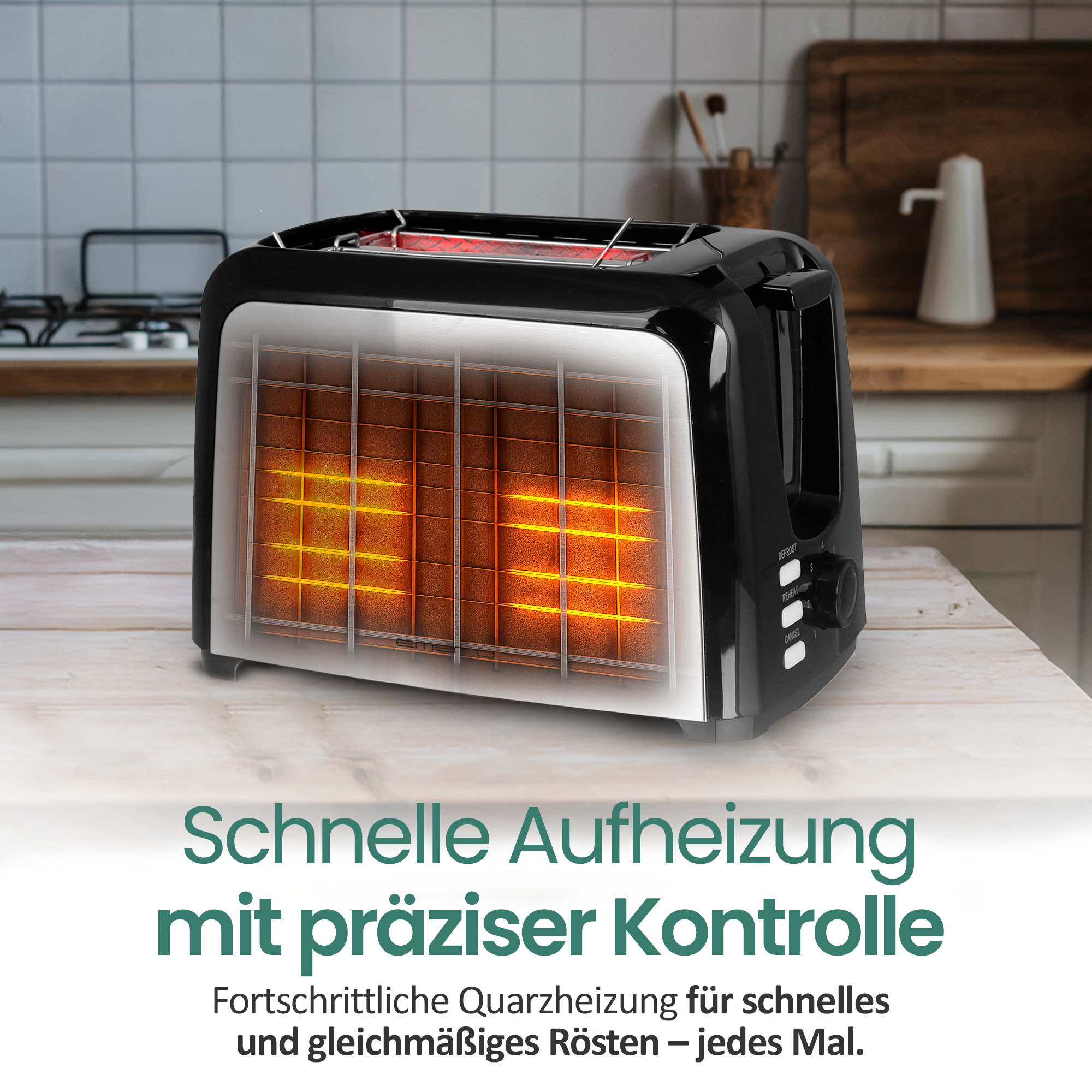Ein schwarzer Toaster mit glühenden Heizelementen steht auf einer Holzoberfläche.