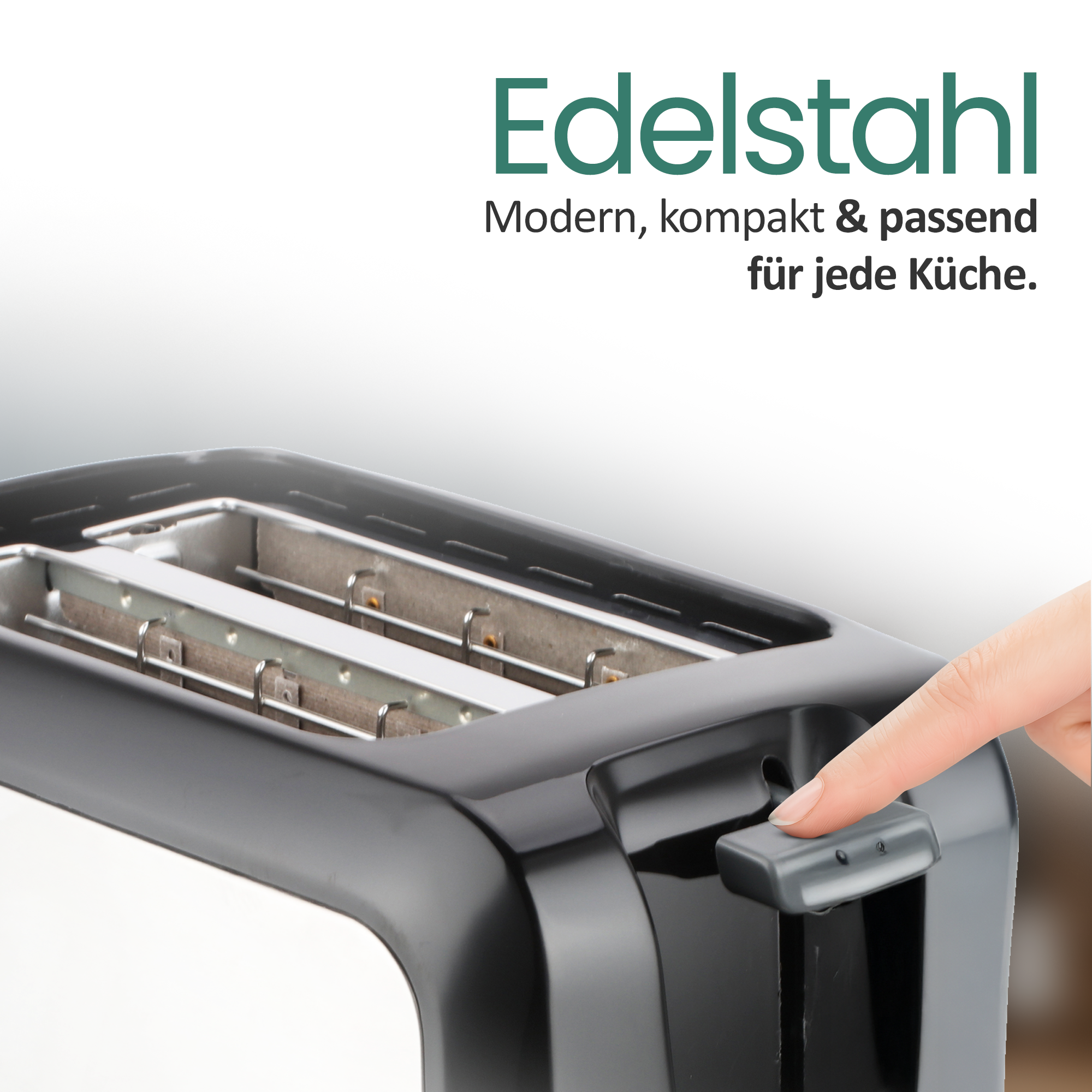 Ein Finger drückt den grauen Hebel eines schwarzen Toasters.