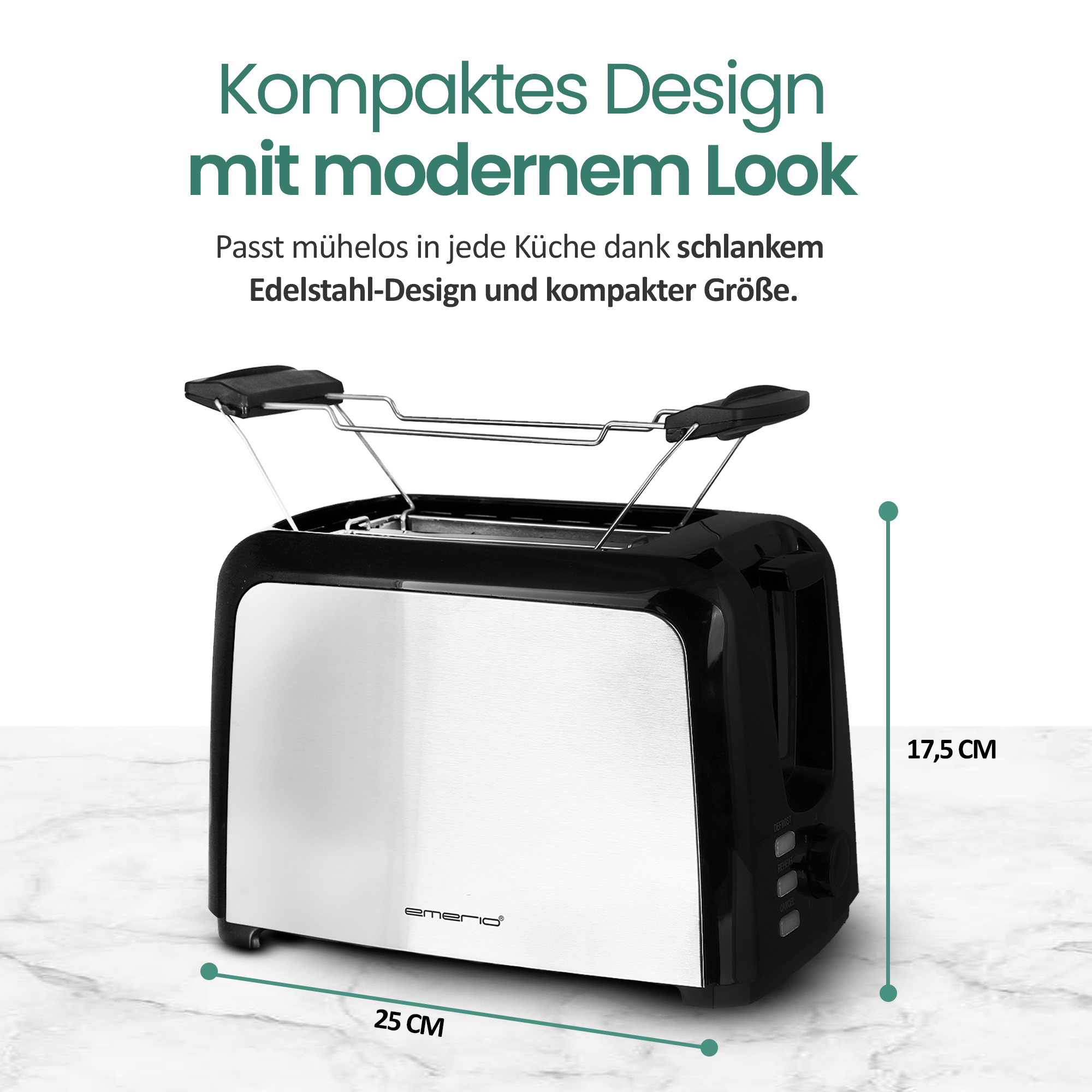 Schwarzer und silberner Toaster mit Maßen 25x17,5 cm.