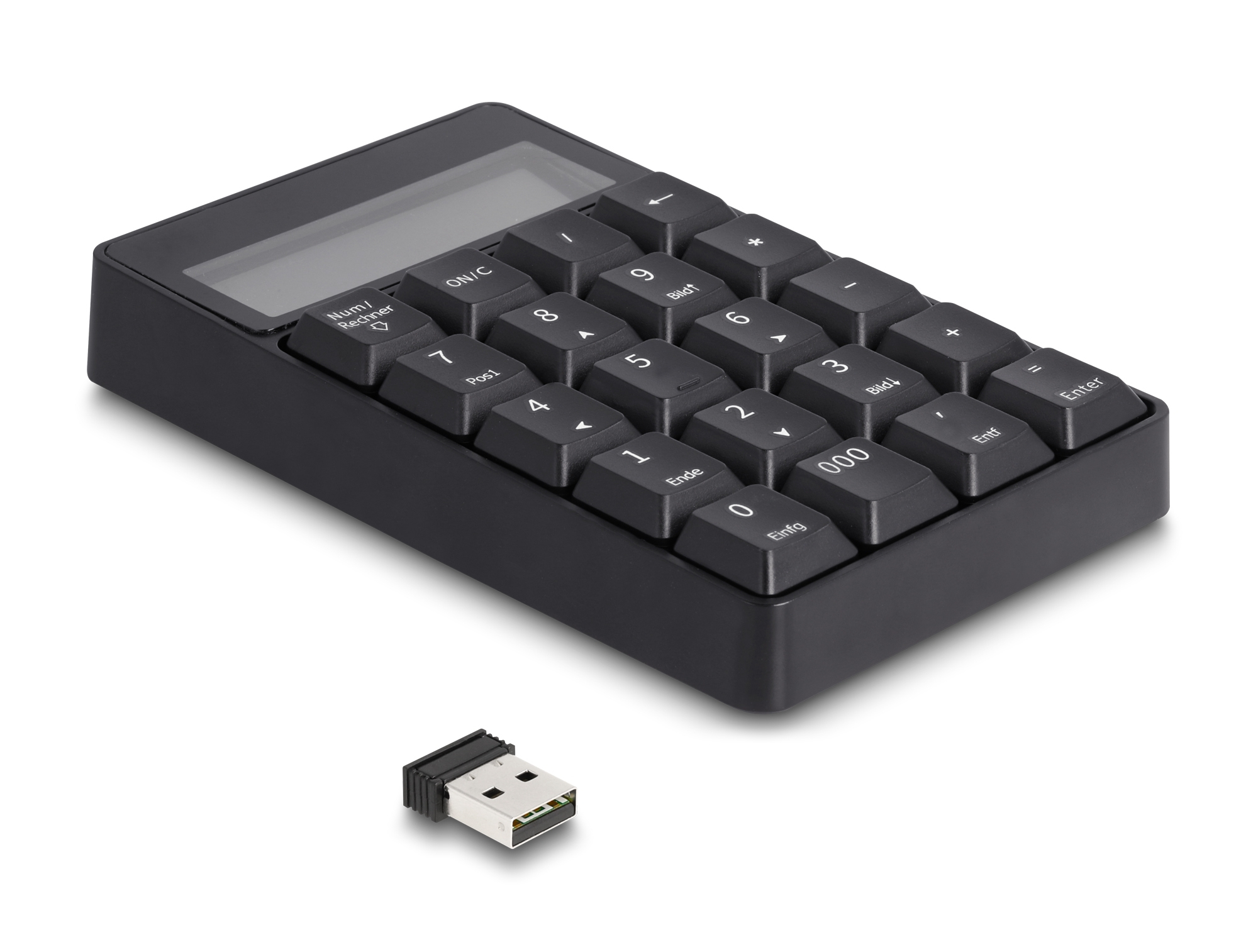 Schwarze Tastatur mit Nummernblock und USB-Dongle daneben.