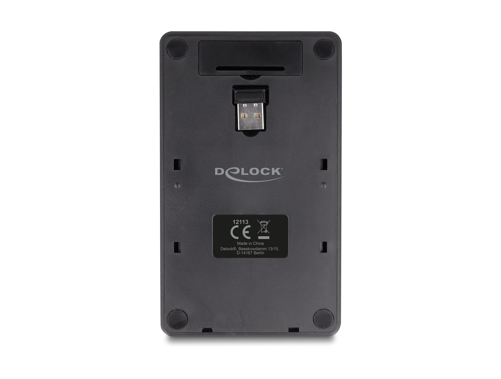Rückseite eines schwarzen DLINK-Adapters mit USB-Anschluss und CE-Kennzeichnung.