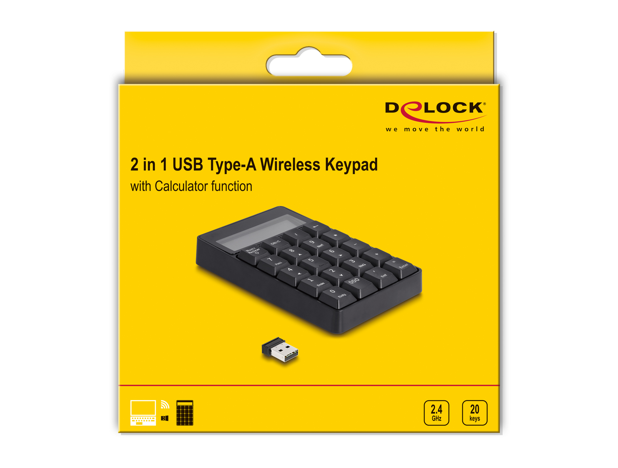Verpackung für ein schwarzes kabelloses USB-Keypad mit Taschenrechnerfunktion.