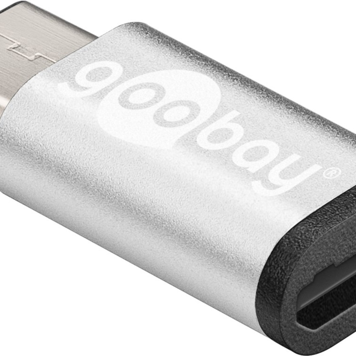 Srebrny adapter USB-C z logo Goobay na białym tle.