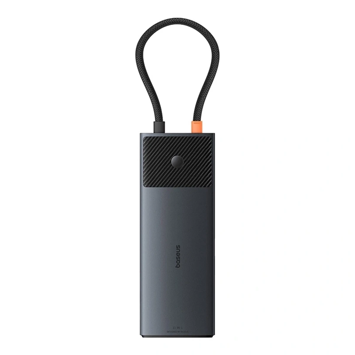 Dispositivo di ricarica/docking grigio scuro con cavo intrecciato nero e connettore arancione.