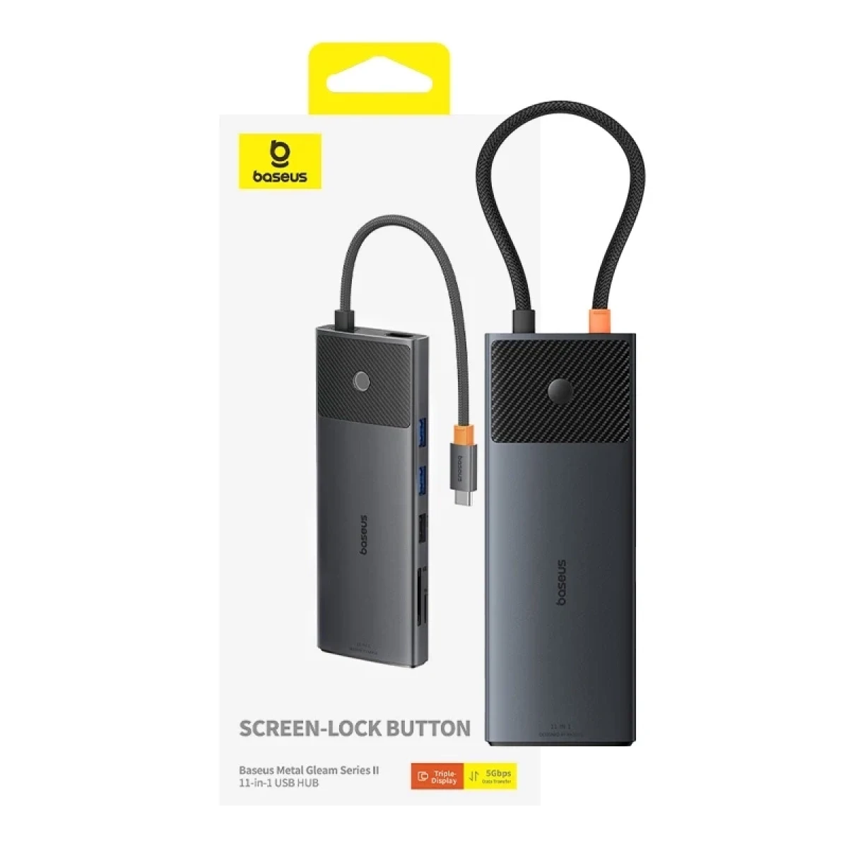 Hub USB 11-in-1 Baseus, scocca metallica, due dispositivi, connettore USB-C.