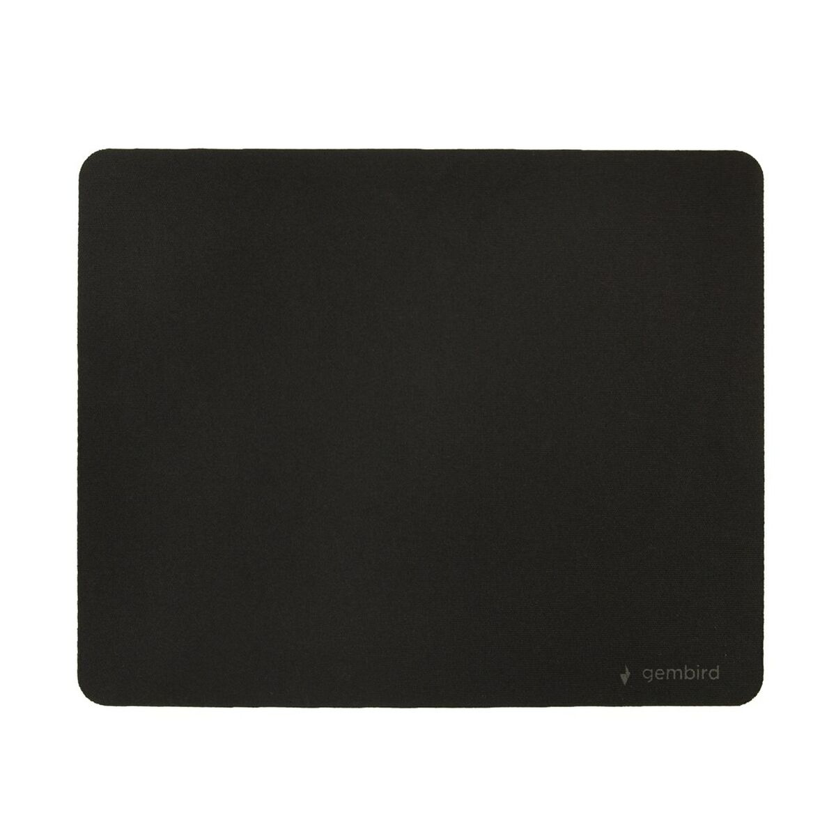 Schwarze rechteckige mousepad mit abgerundeten Ecken und kleinem Logo rechts unten.