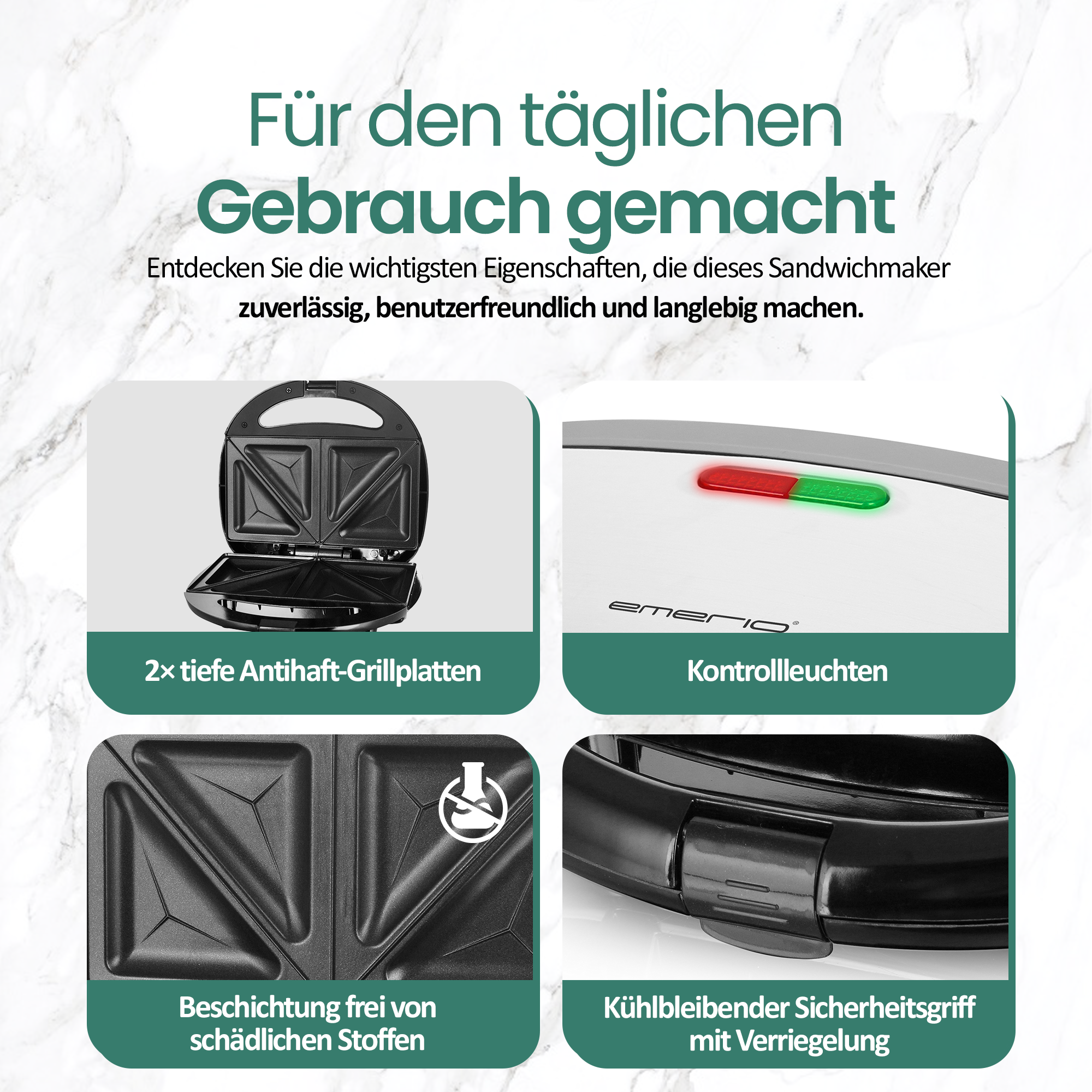 Sandwichmaker mit tiefen Grillplatten, Kontrollleuchten, sicherer Griff.