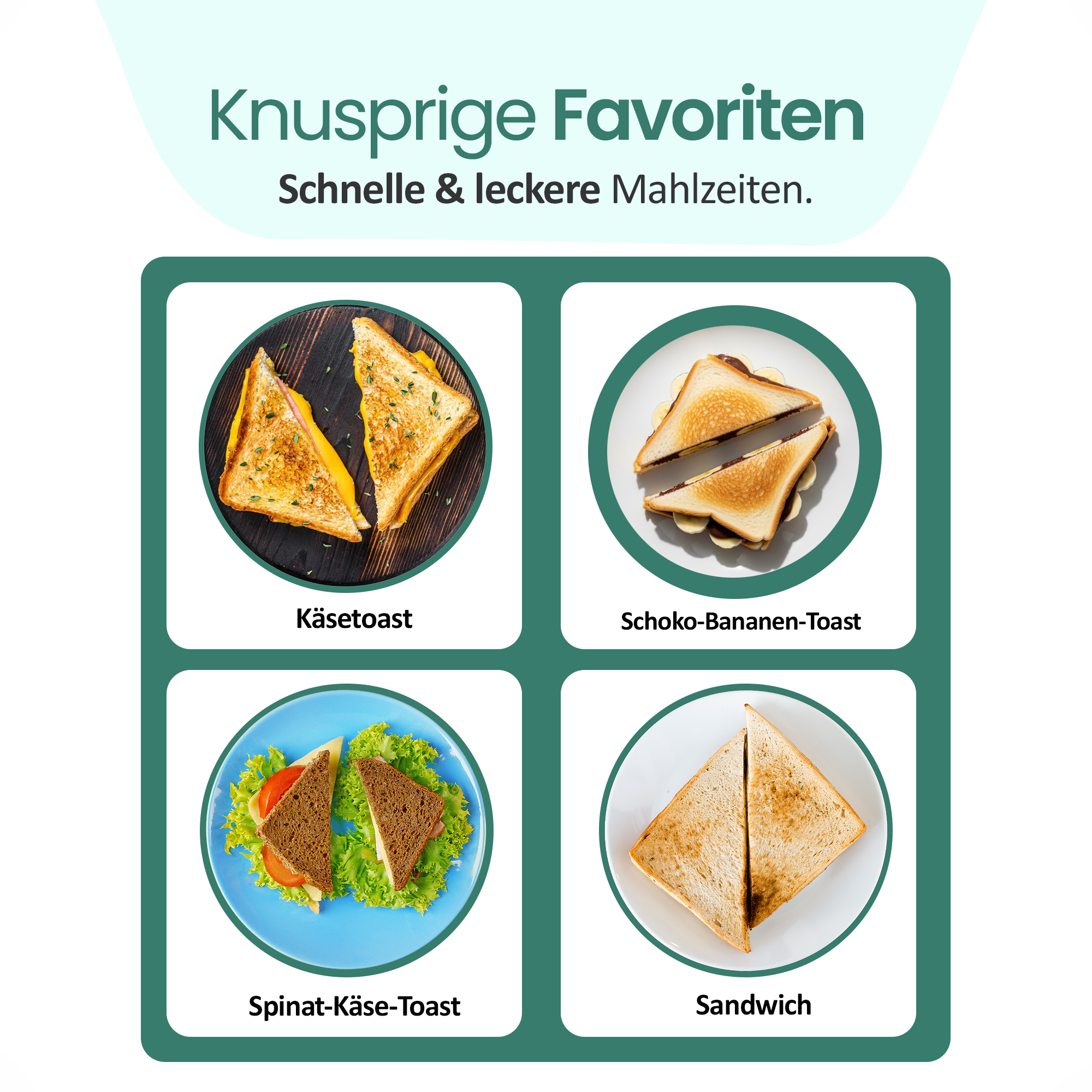 Vier verschiedene Toasts und Sandwiches, darunter Käse, Schoko-Banane und Spinat-Käse.