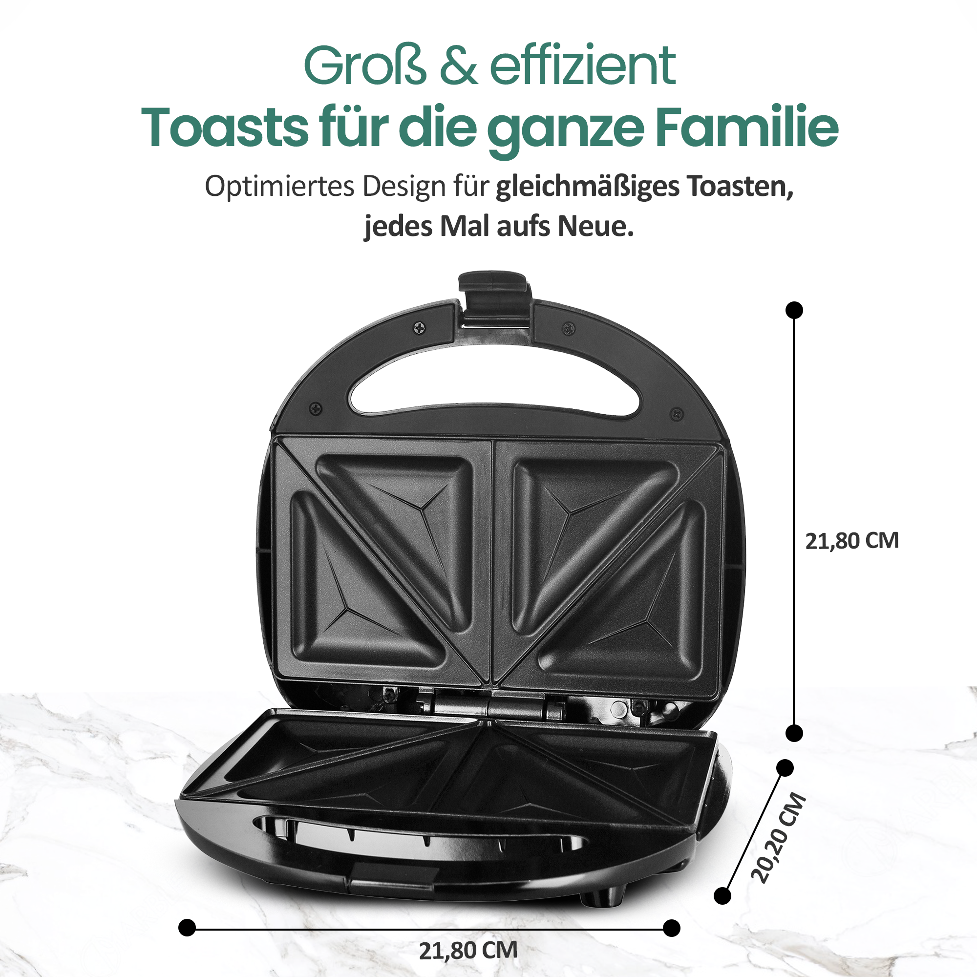 Ein offener schwarzer Sandwichtoaster mit Maßen 21,80 cm.