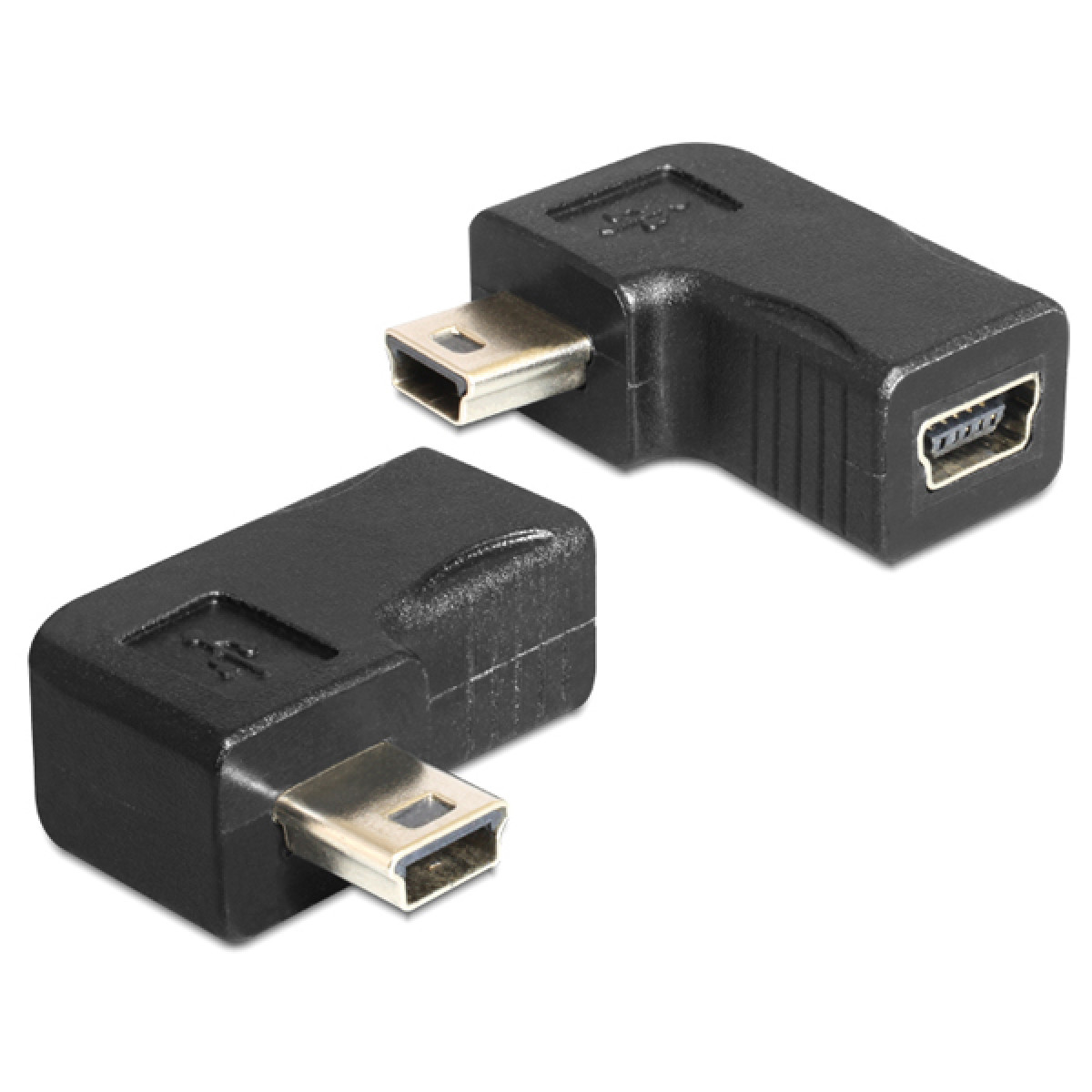 Due adattatori mini USB neri a 90 gradi su sfondo bianco.
