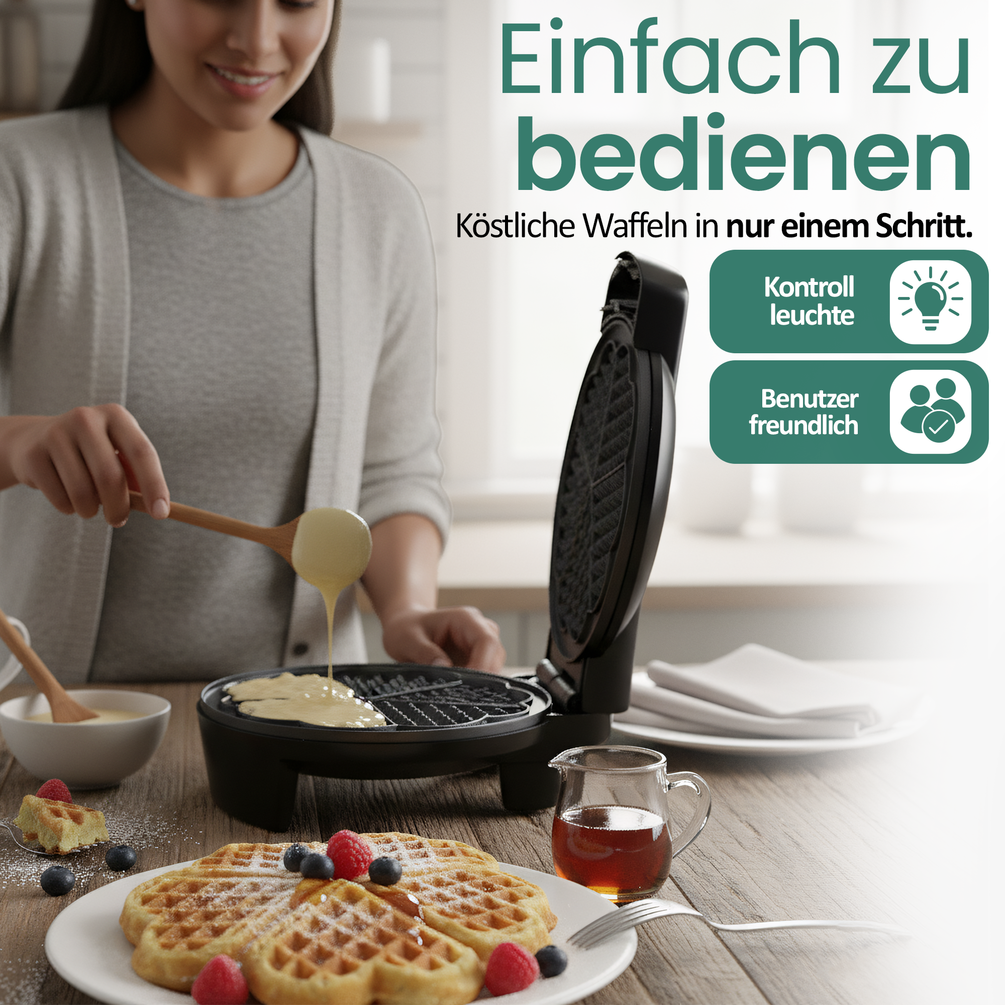 Frau macht Waffeln mit einem Waffeleisen, daneben servierte Waffeln mit Beeren.