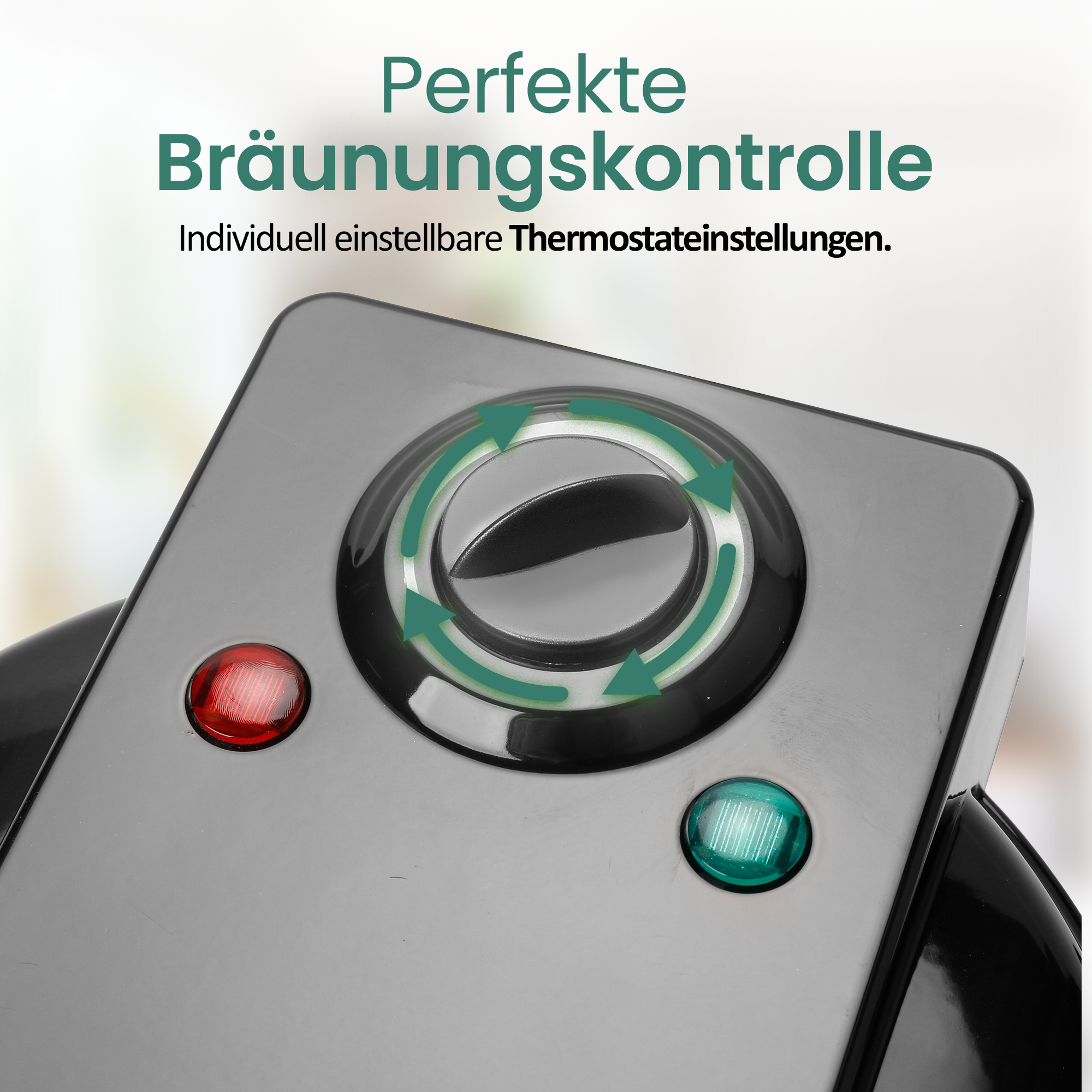 Schwarzer Toaster mit rotem und grünem Licht, Drehknopf und Pfeilen.