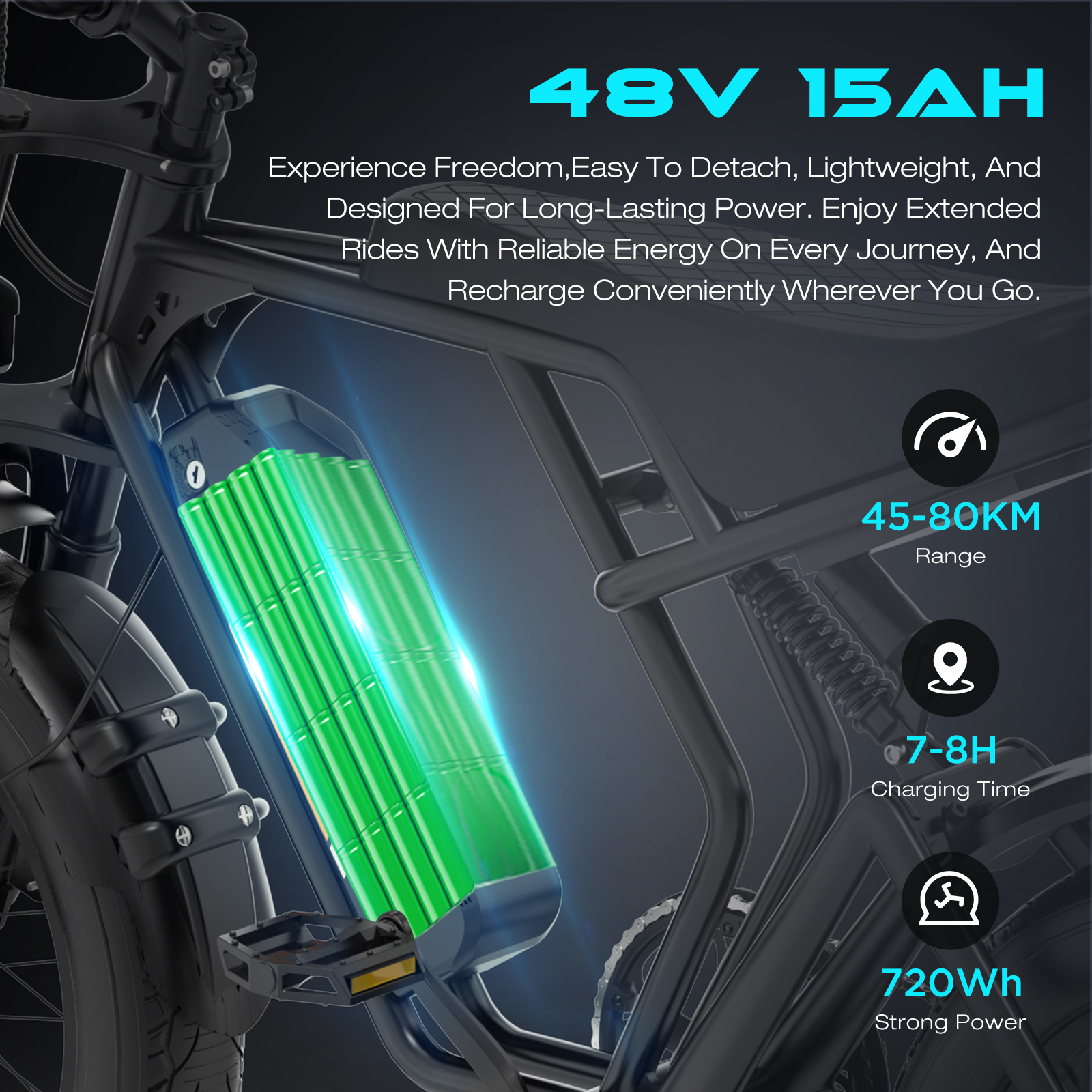 Bicicleta eléctrica con batería verde brillante, 48V 15AH, autonomía 45-80km.
