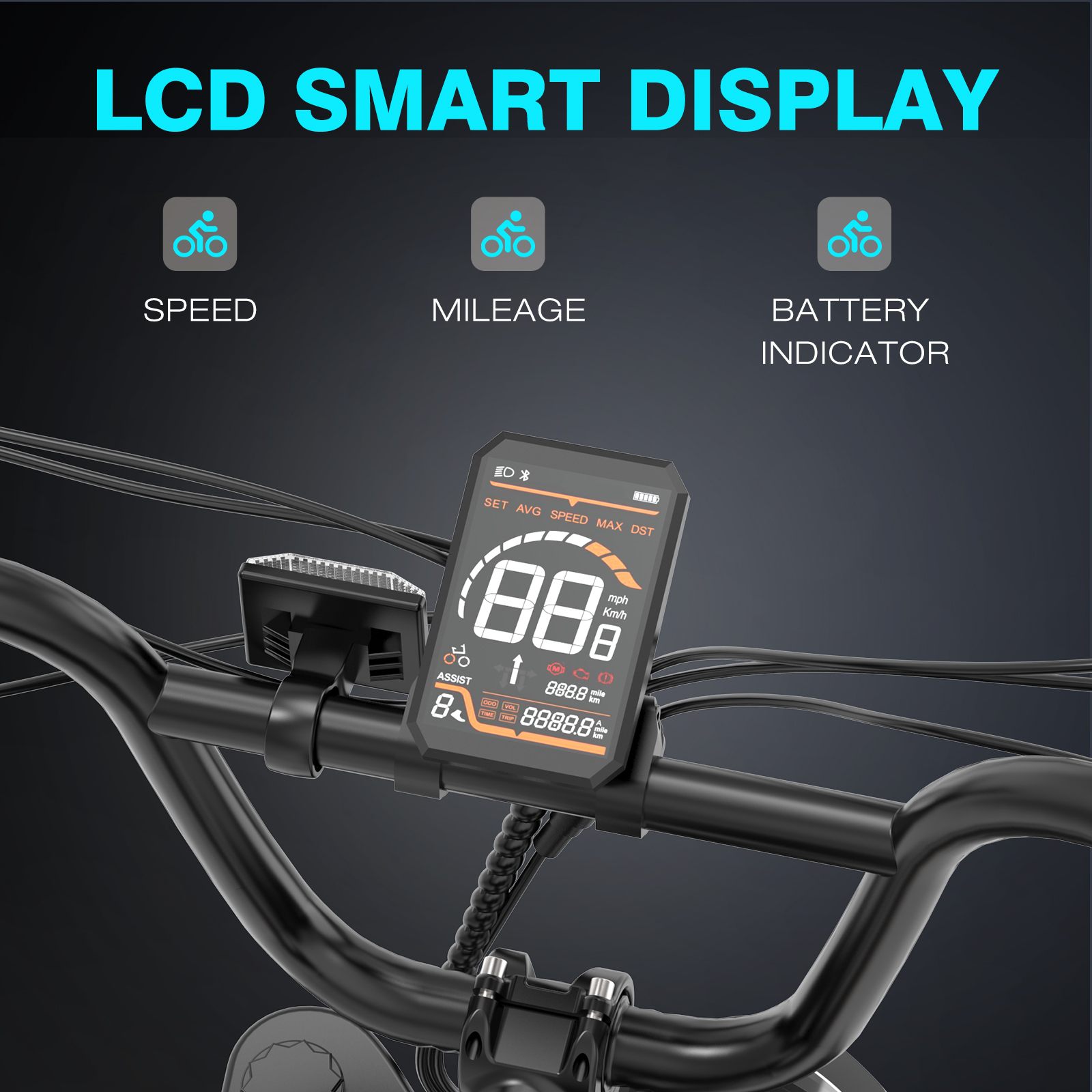 Manillar de bicicleta con pantalla LCD que muestra velocidad, kilometraje y estado de la batería.