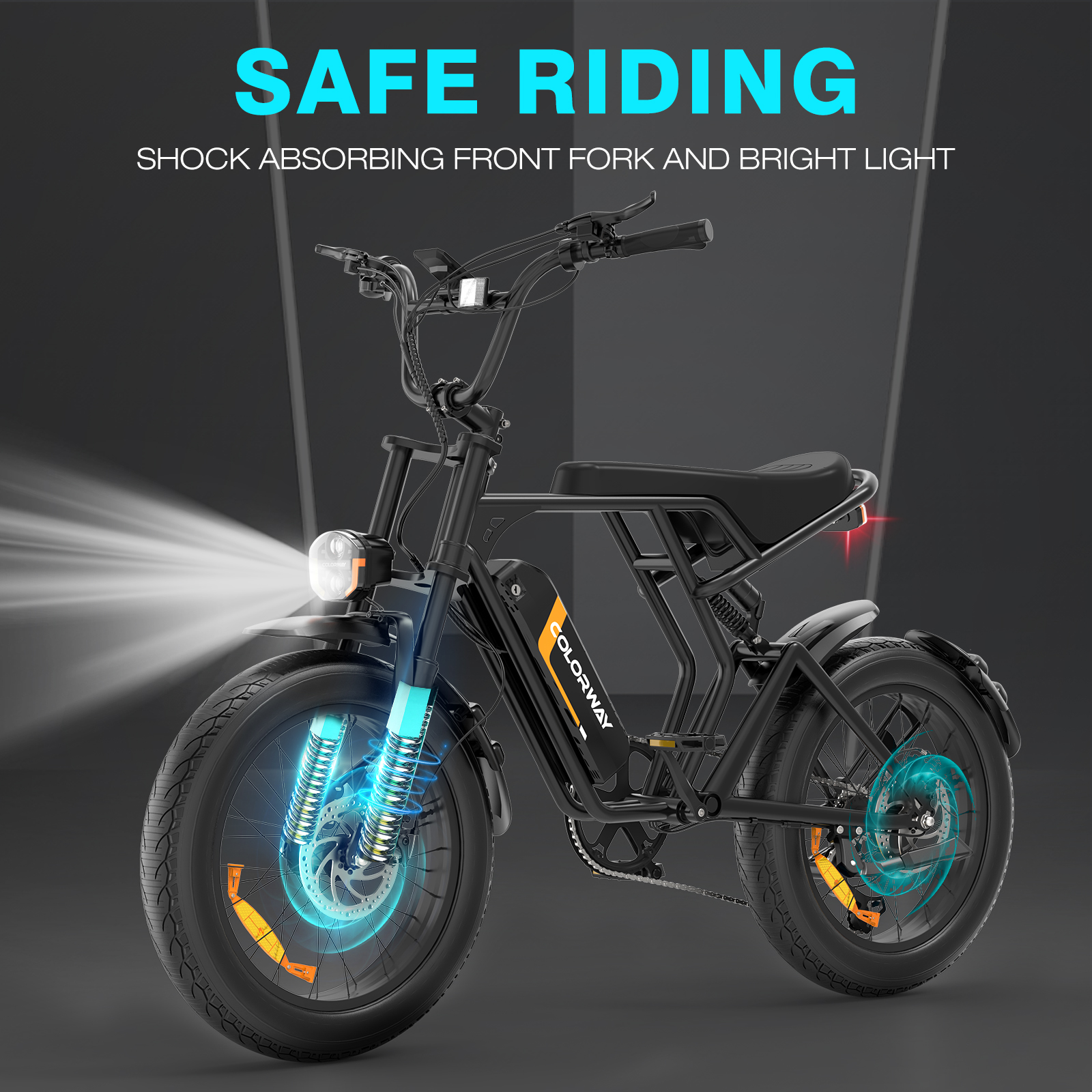 Bicicleta eléctrica negra con faro iluminado y amortiguadores azules.