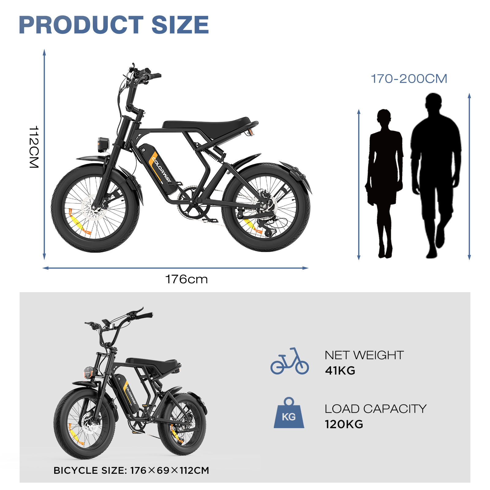 Tabla de tallas: E-bike negra, 176cm de largo, 112cm de alto. Para personas de 170-200cm.