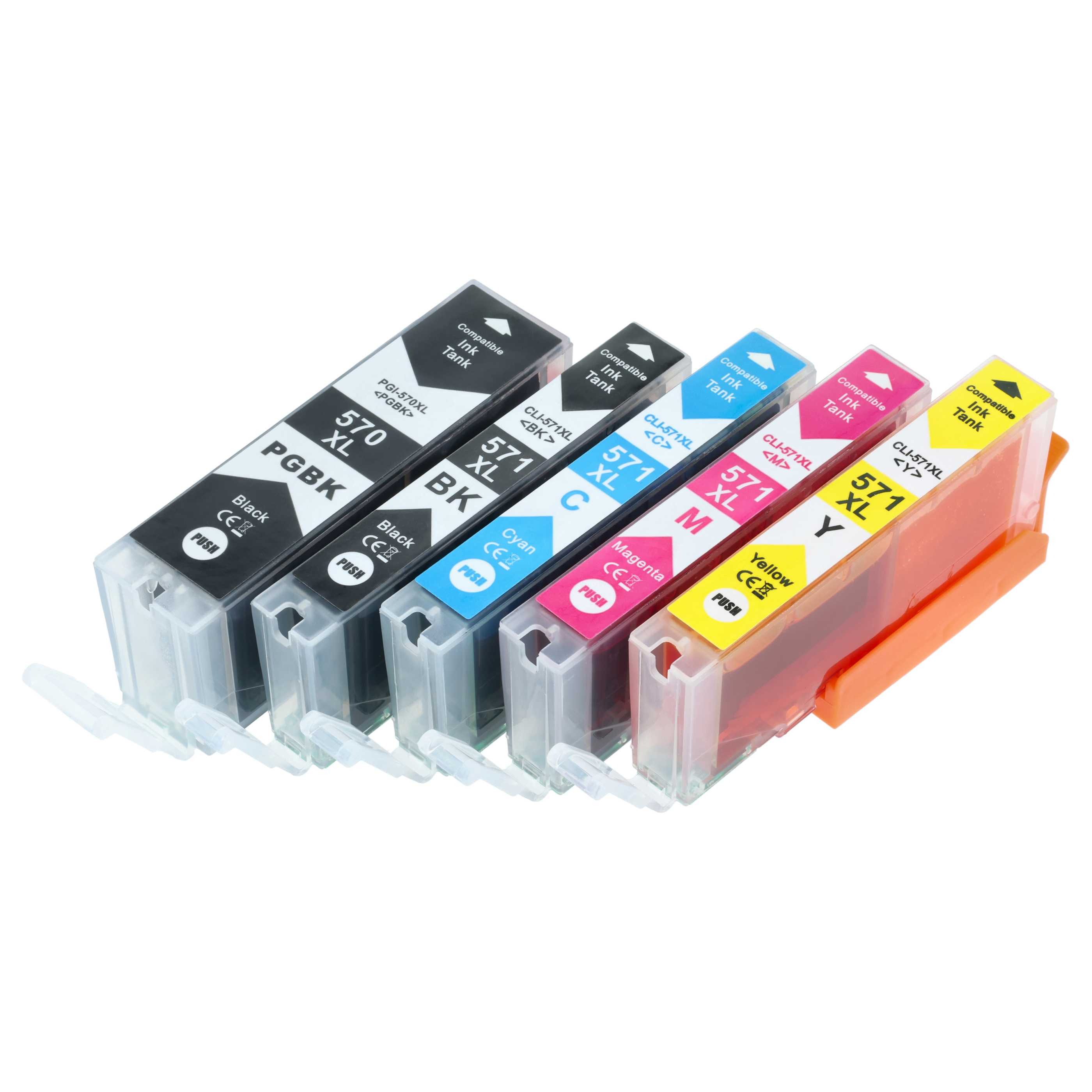 Fünf Tintenpatronen: Schwarz, Cyan, Magenta, Gelb und Pigmentschwarz.