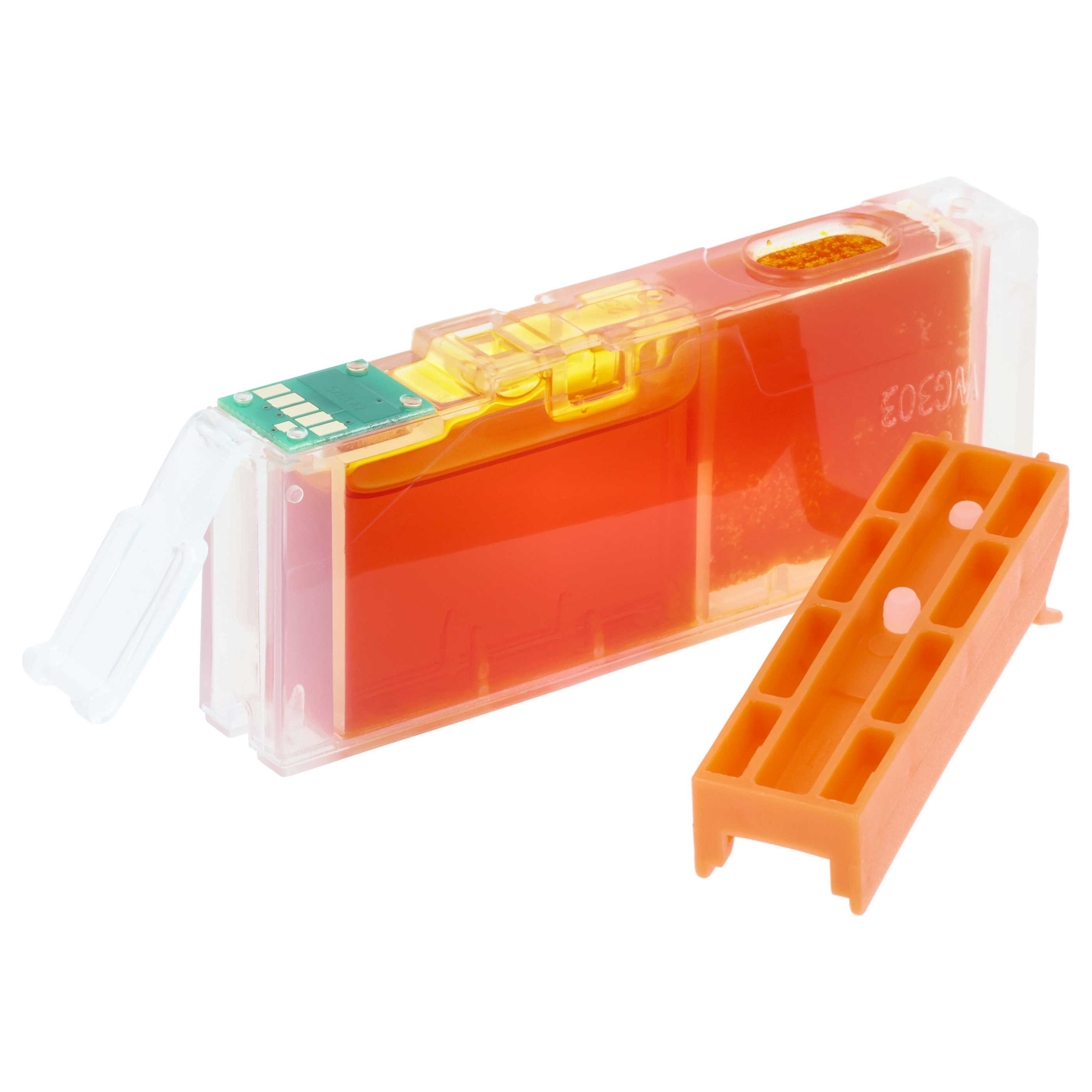 Orange Tintenpatrone mit Chip und separatem orangefarbenen Schutzkappe.