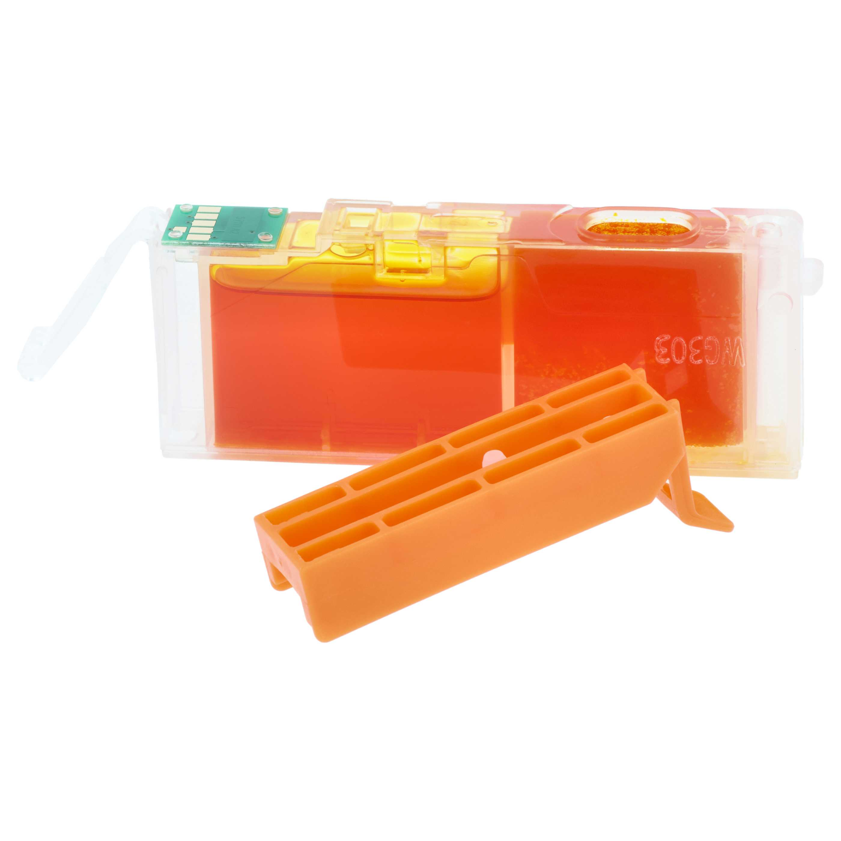 Ein durchsichtiger Tintenpatronenbehälter mit orangefarbener Tinte und einem orangefarbenen Schutzkappe.