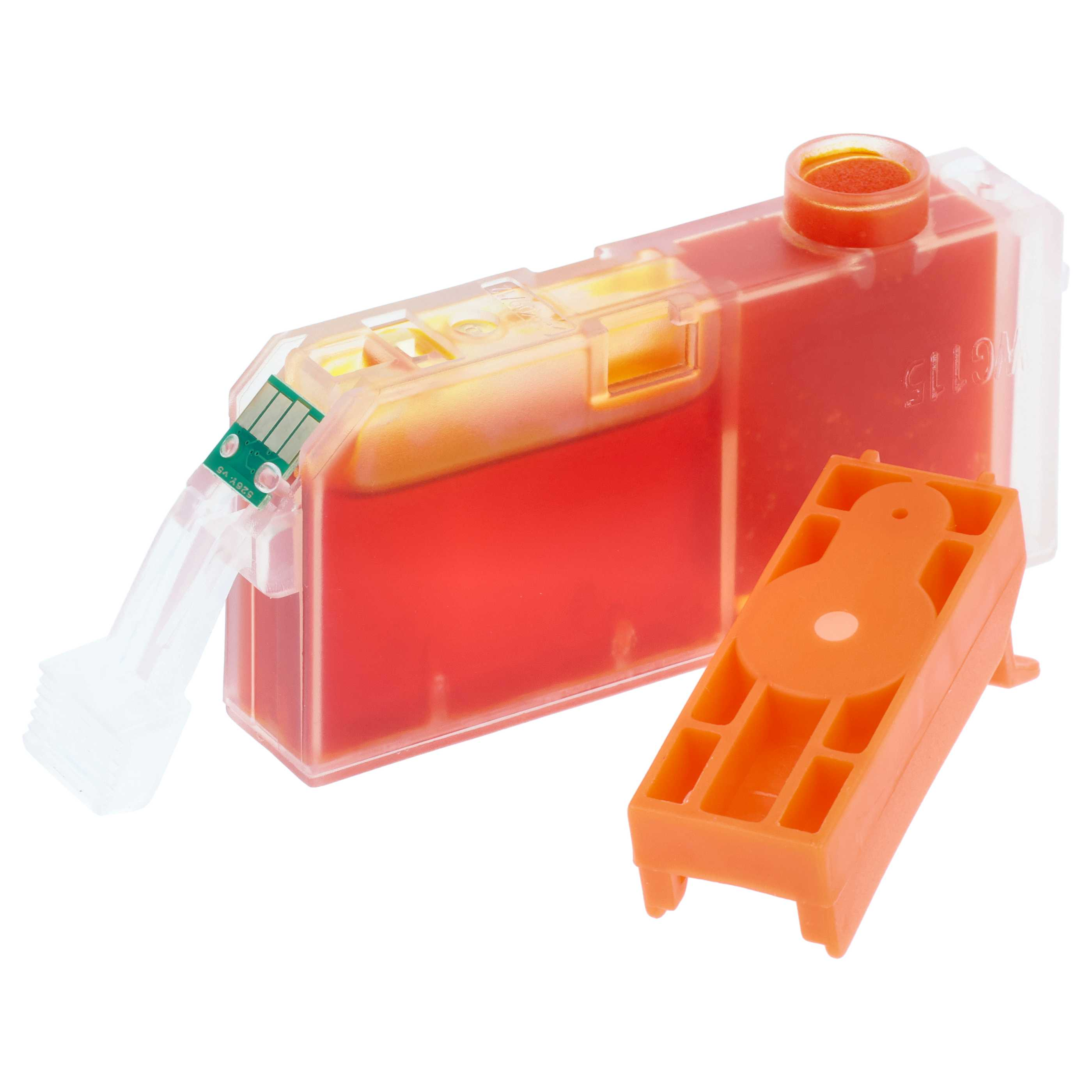 Ein gelber Tintenpatronenbehälter mit einem orangefarbenen Schutzkappen.