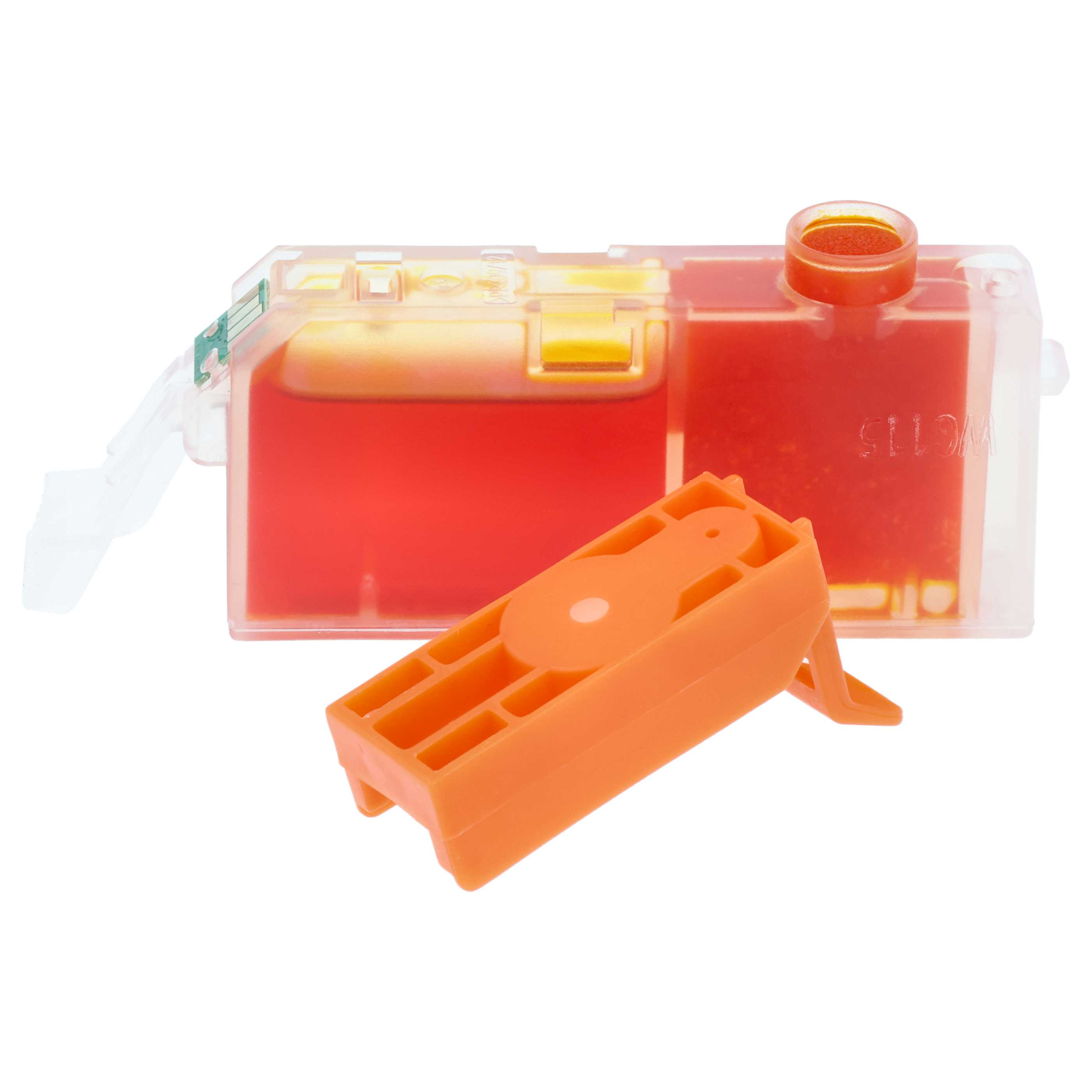 Ein durchsichtiger Tintenbehälter mit roter Tinte und einem orangen Schutzdeckel.