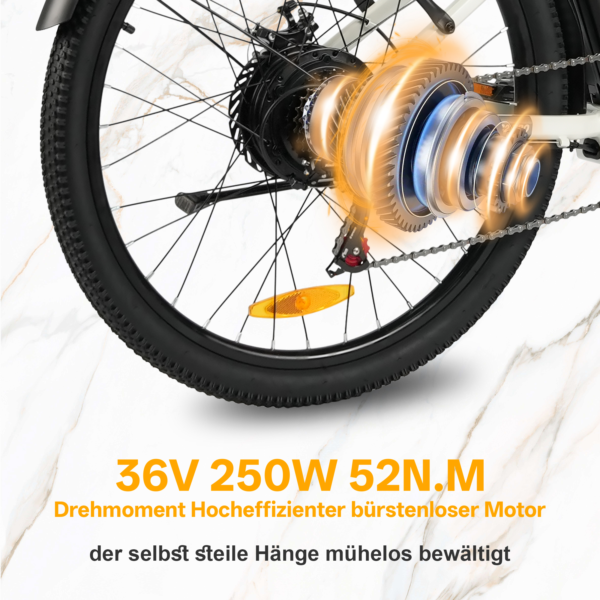 Detailansicht des Hinterradnabenmotors eines E-Bikes mit orangefarbener Beleuchtung.