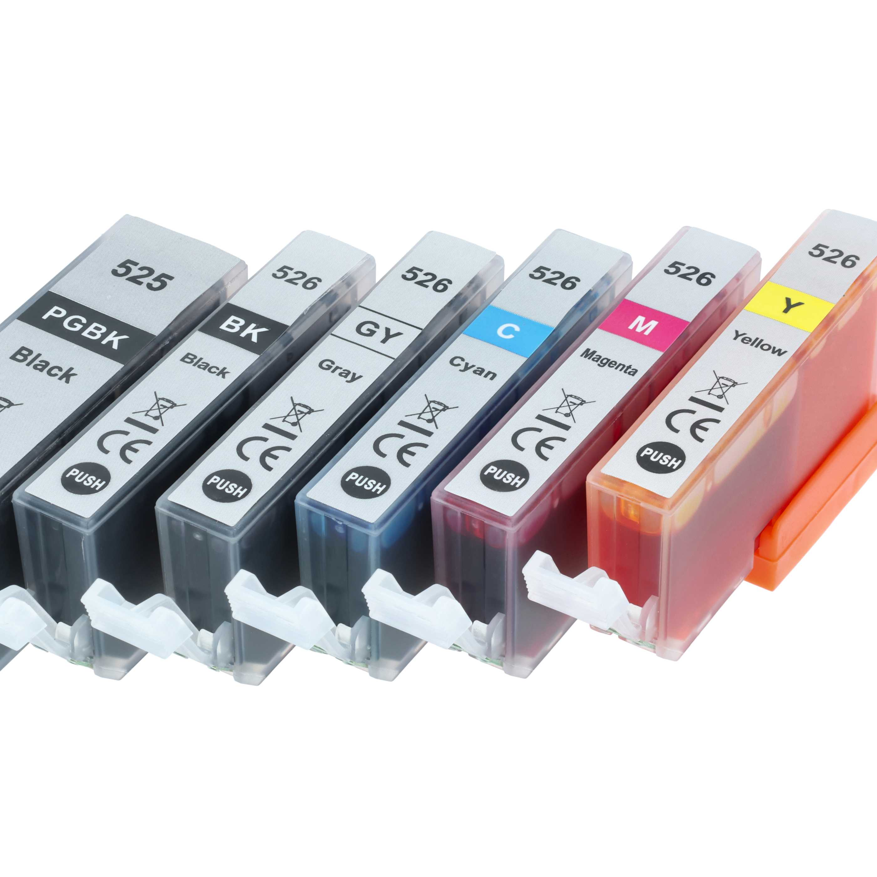 Sechs Tintenpatronen in Schwarz, Grau, Cyan, Magenta und Gelb.