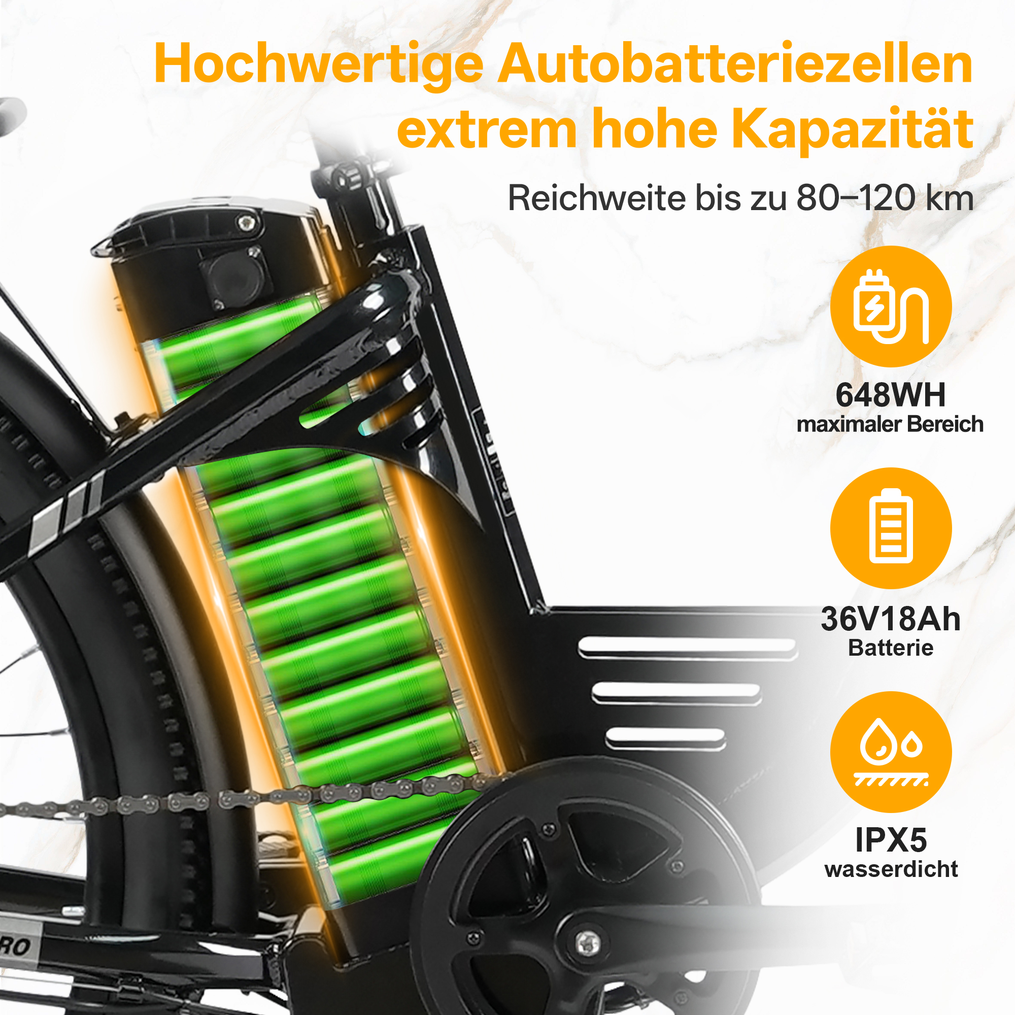 E-Bike Akku mit grünen Zellen, 648WH Kapazität, 36V18Ah, IPX5 wasserdicht.