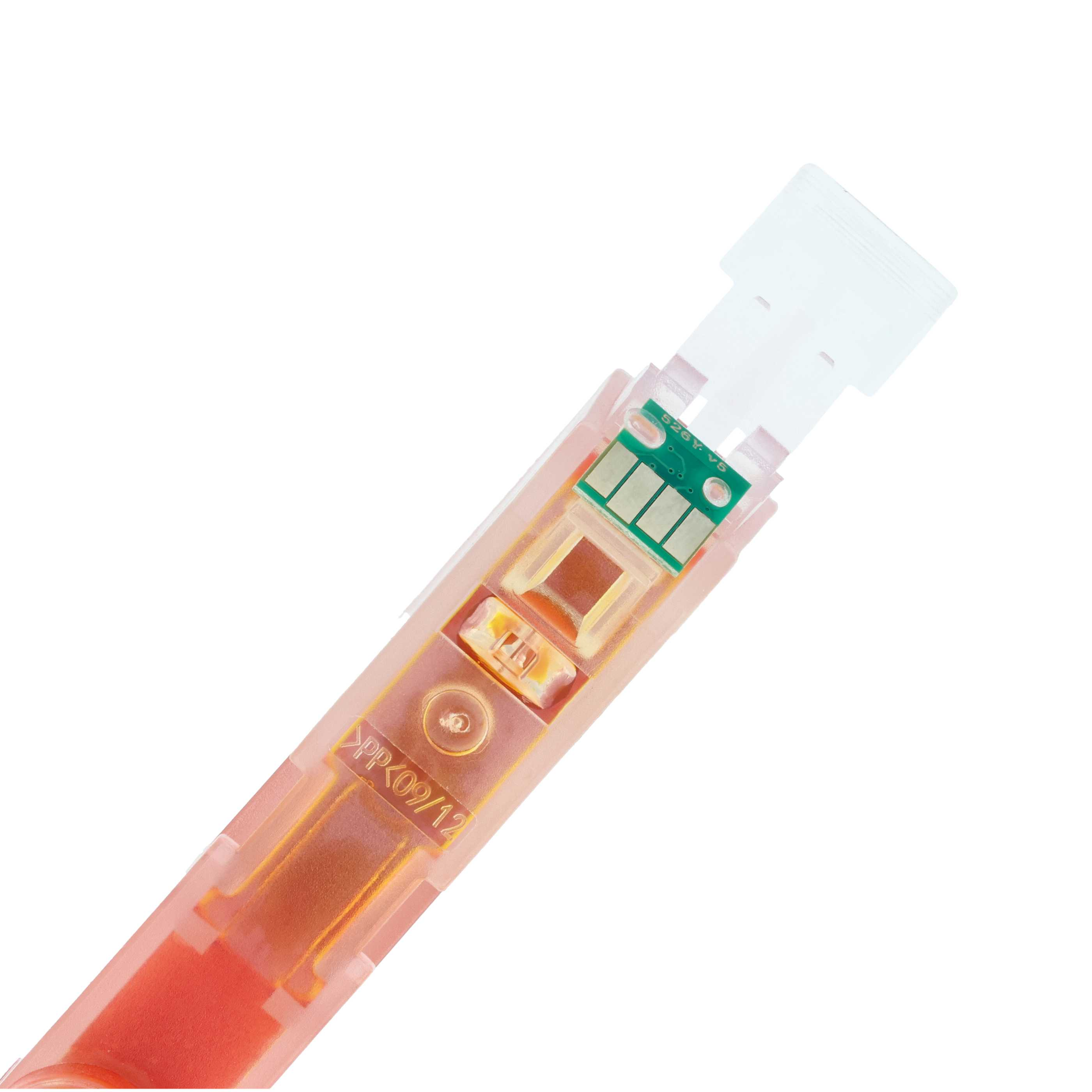 Ein transparenter rosa Chip mit grüner Platine und Kontakten.