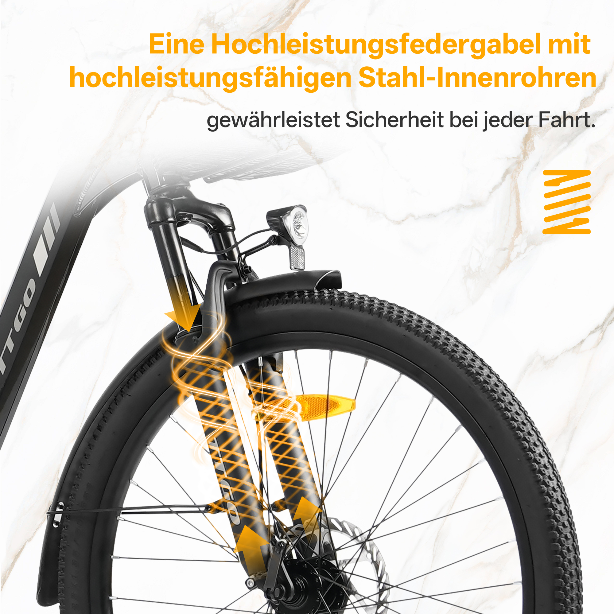 Fahrradgabel mit orangefarbenen Feder-Effekten und Text.