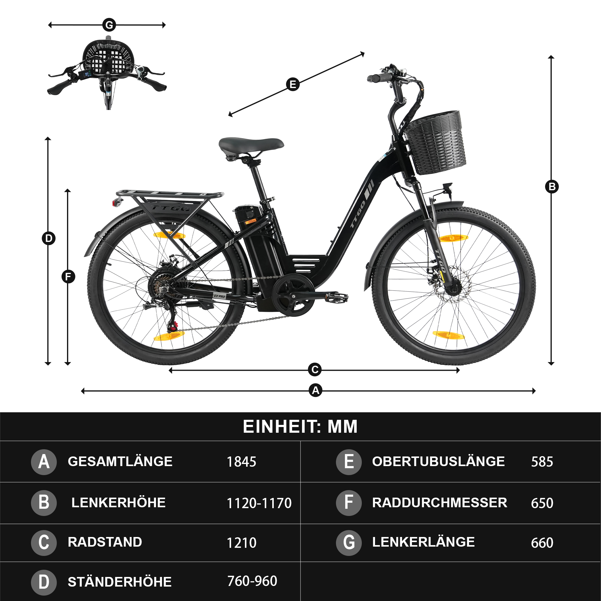 Schwarzes E-Bike mit Maßangaben und Tabelle. Korb vorne, Gepäckträger hinten.