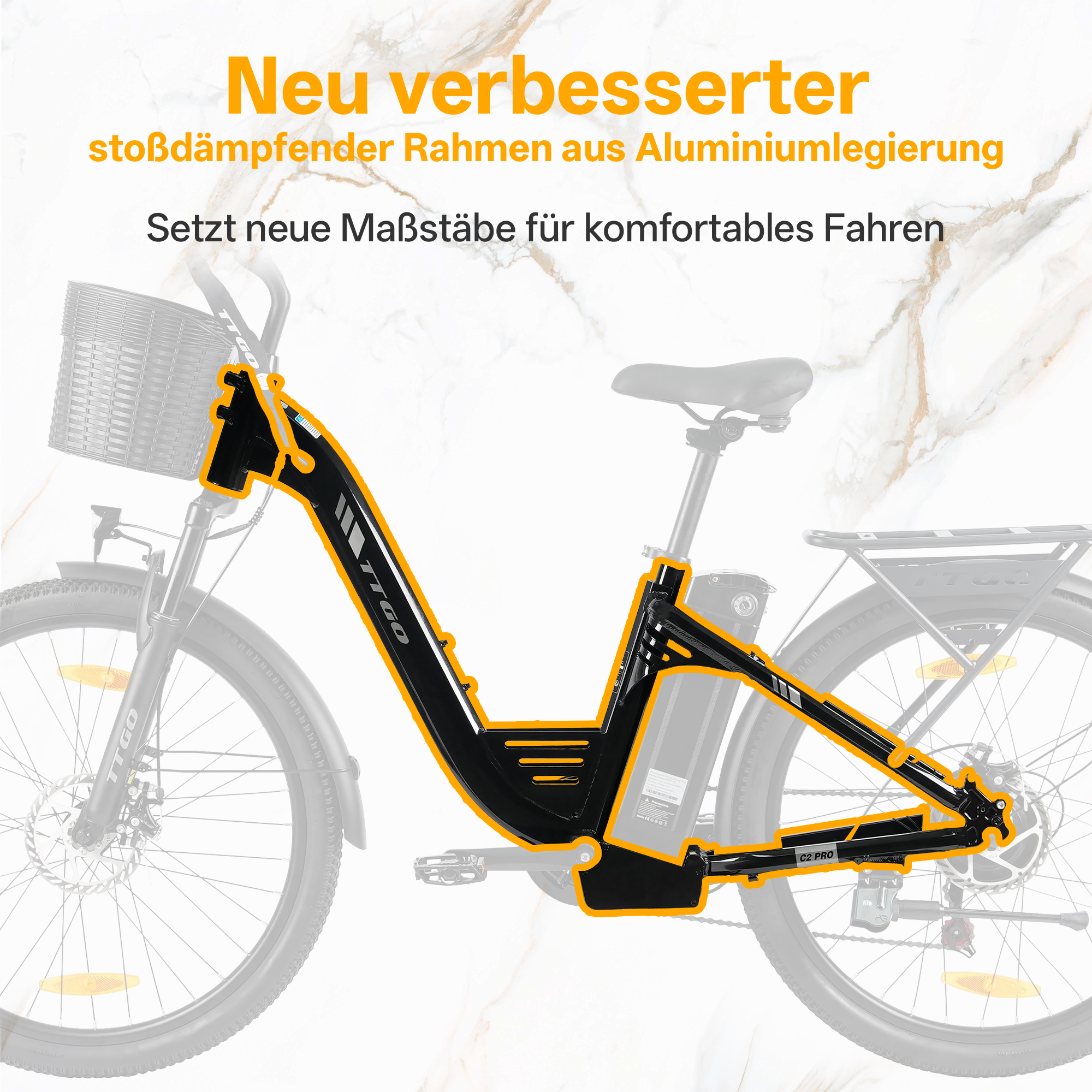 Ein schwarzer E-Bike-Rahmen mit orangefarbener Umrandung auf Marmor-Hintergrund.